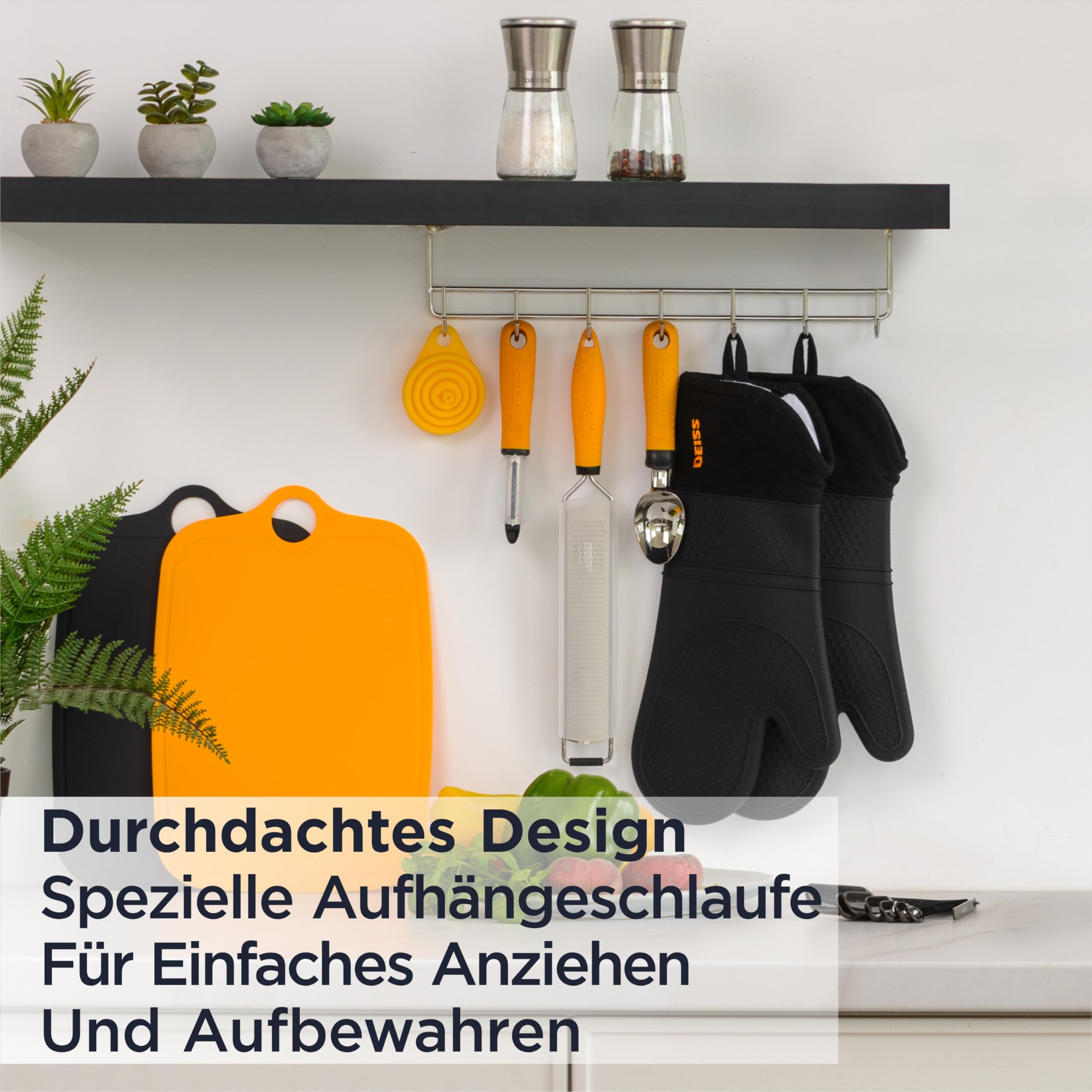 Deiss PRO Hitze- und schmutzabweisendes Silikon-Ofenhandschuh-Set, weiche, baumwollgefütterte Grillhandschuhe, wasserdicht, extra Lange, Flexible, Dicke Küchenhandschuhe zum Kochen