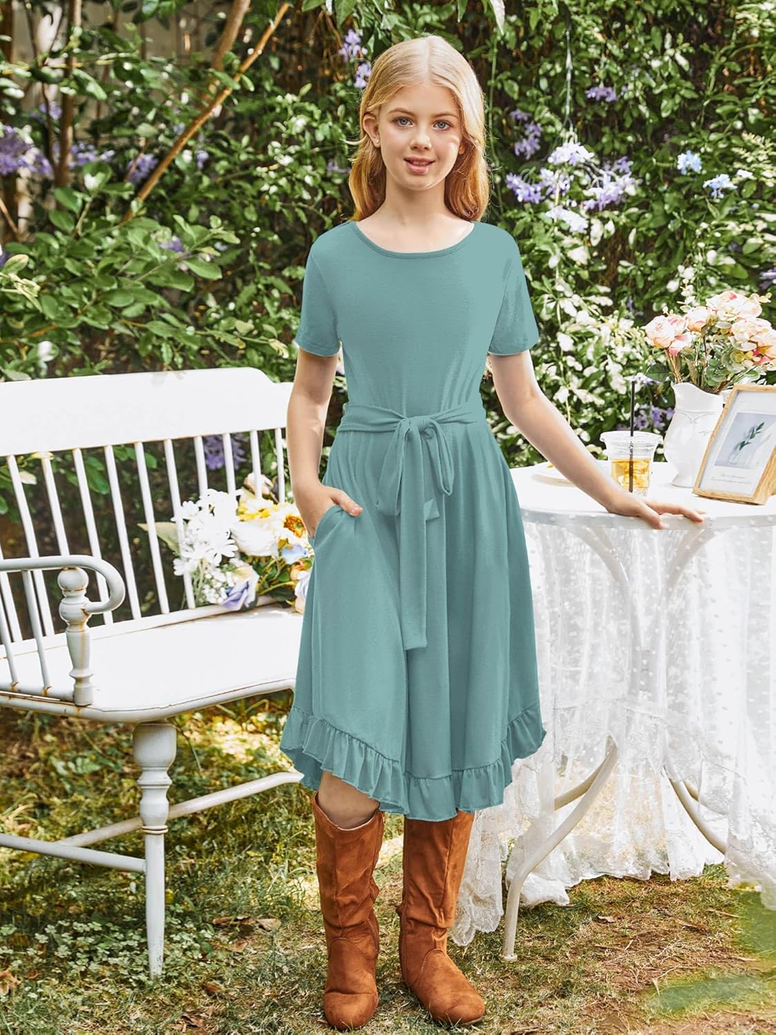 KYMIDY Girls Short Sleeve Swing Dress Kids Ruffle Loose Casual Twirl Belted Dresses with Pockets for Girls 6-12 Years - Image 3