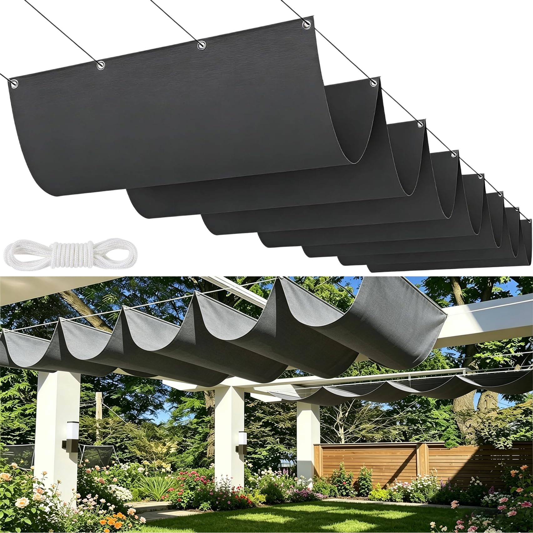 Voile d'ombrage rétractable gris foncé protégeant efficacement contre les rayons UV sur terrasse