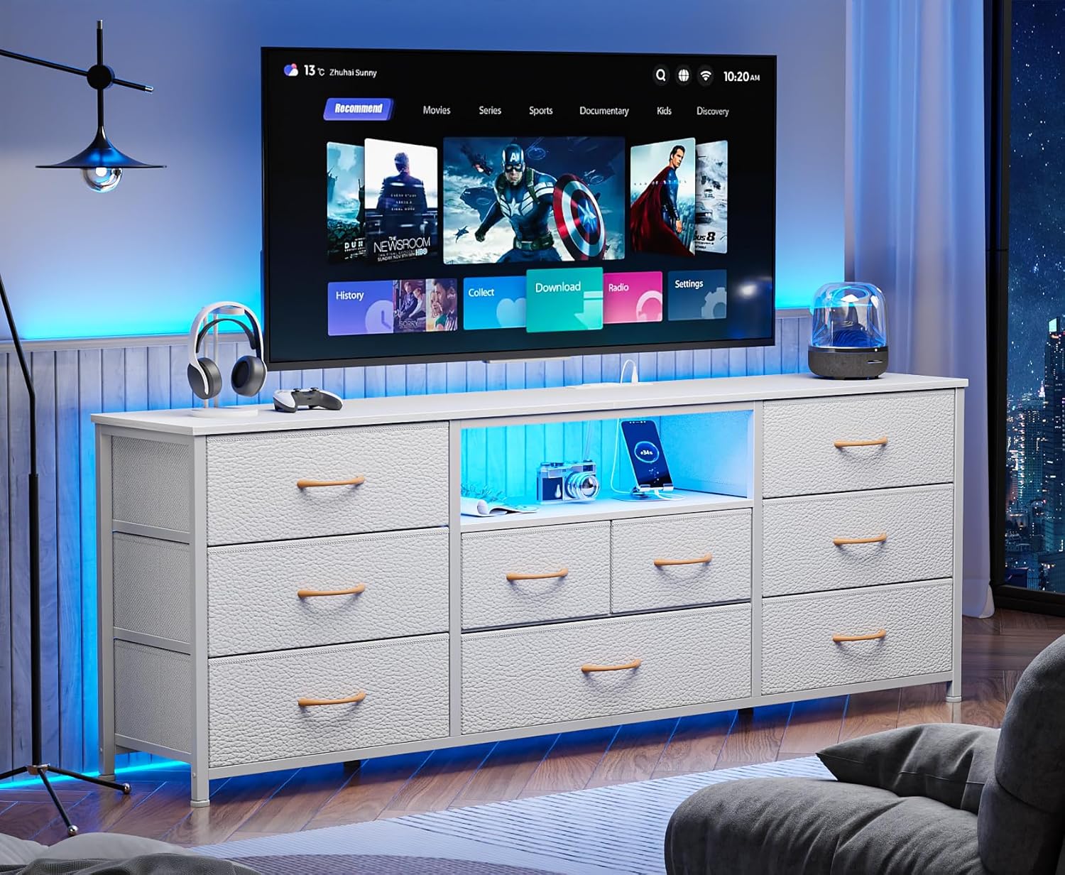 Furnulem 9 Drawer Dresser, 63” Long TV Stand for Bedroom, Entertainment Center with Power Outlet & LED Light for 65"-75" TV, White Dresser with Fabric Storage Drawers for Closet