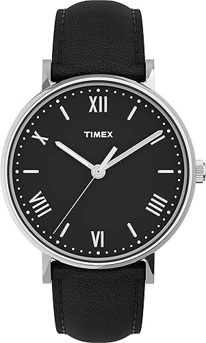 Timex Reloj con correa de cuero Southview de 1.614in para hombre, Negrotono plateado