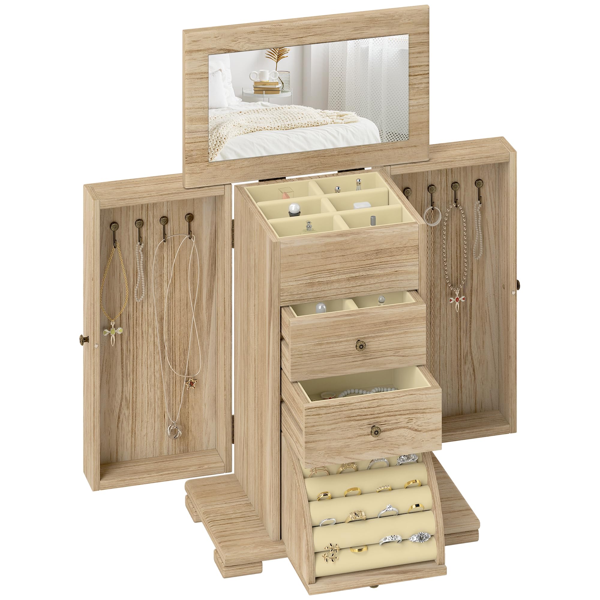 HOMCOM Schmuckkästchen Holz Schmuckschatulle mit 4 Ebenen Spiegel Braun