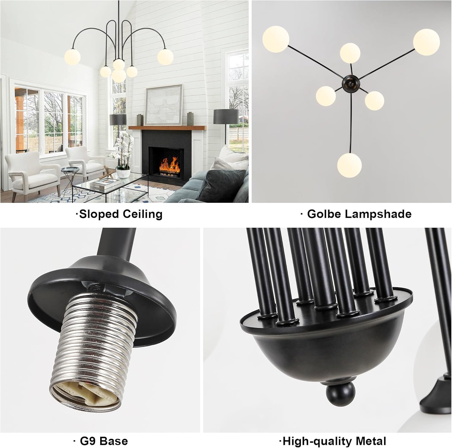 Black Sputnik Chandelier,6 Lights Modern Chandelier for Dining Room Mid Century Chandelier Large L49” Ceiling Pendant Light Fixtures with Milk Glass Globe Shades for Foyer Living Room Kitchen Island