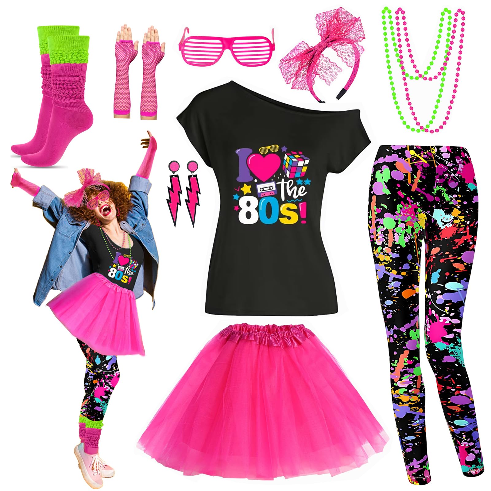 80s Outfit Women Costume Accessories Set T Shirt Shorts Tutu Skirt Neno Party Leg Warmers Headband