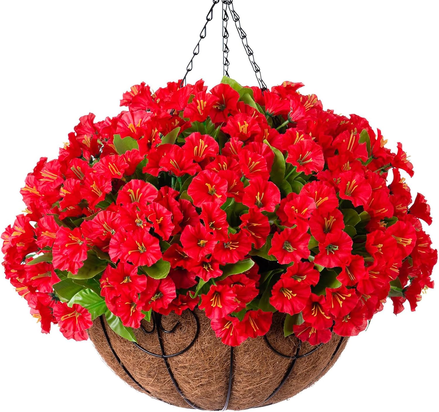 Artificial Hanging Flower Plants with Basket for Outdoor Decoration, Faux Petunias Flowers Fake Morning Glory Plants for Hanging Outside Patio Garden Porch Balcony Yard Spring Decor(Red)