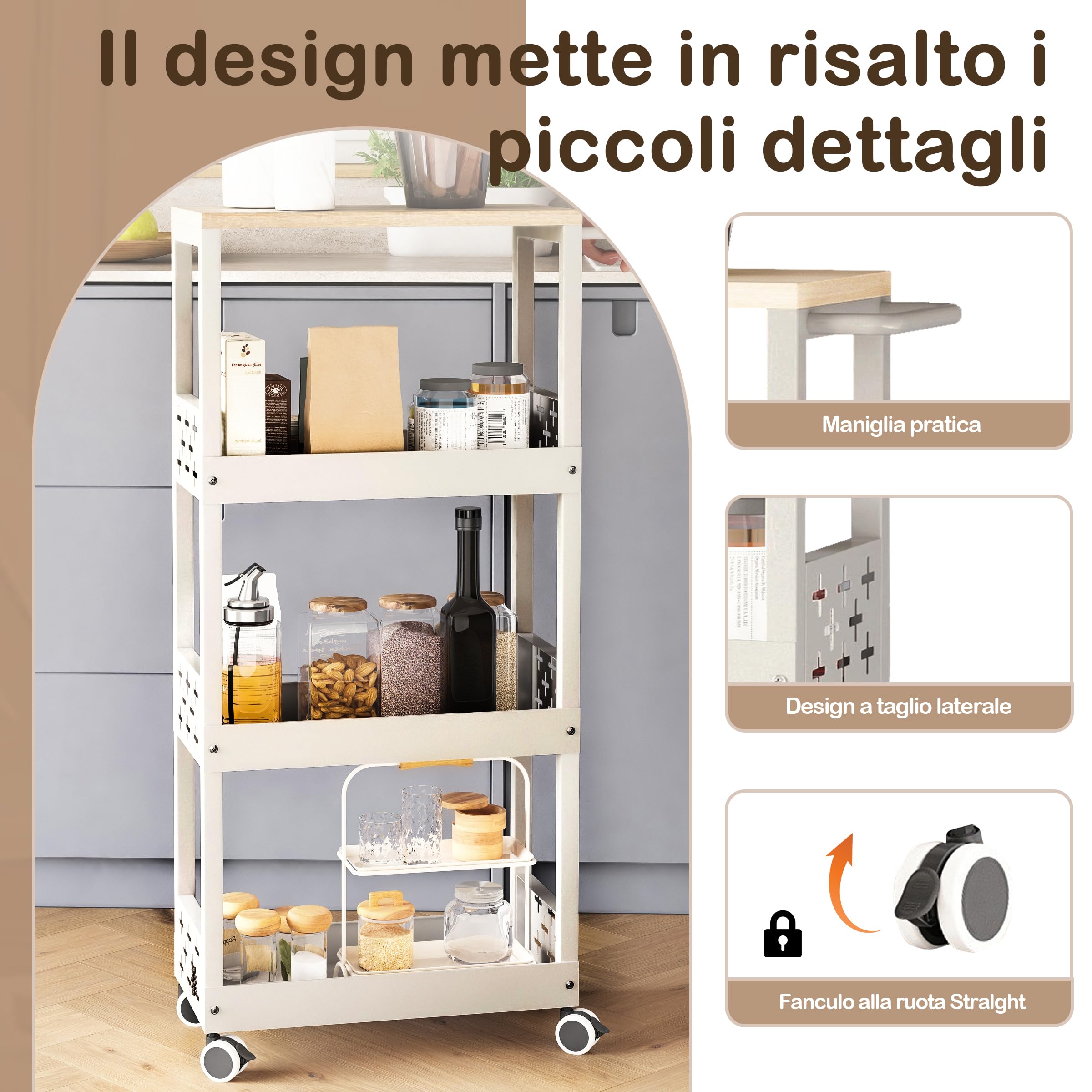 UMDONX Carrello con Ruote Portatutto Stretto a 4 Livelli in Metallo,Nero | Carrello da Cucina con Piano di Lavoro,Ripiano a Nicchia su Rotelle per Piccoli Ambienti,Soggiorno,Studio,Bagno