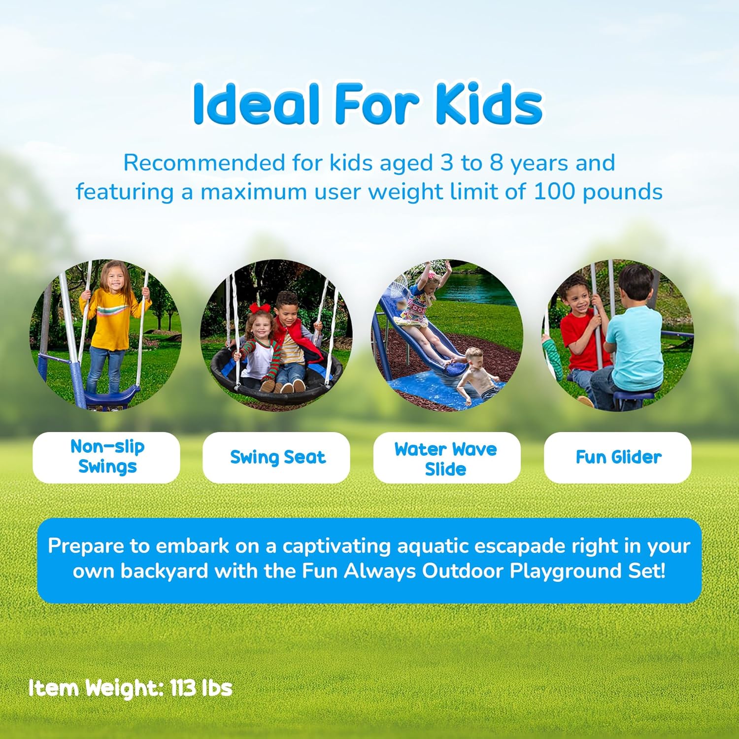 XDP Recreation Fun Always Outdoor Playground with Water Slide, Super Disc Swing, and AirGlider for 2 with Foot-Rests, for up to 8 Kids