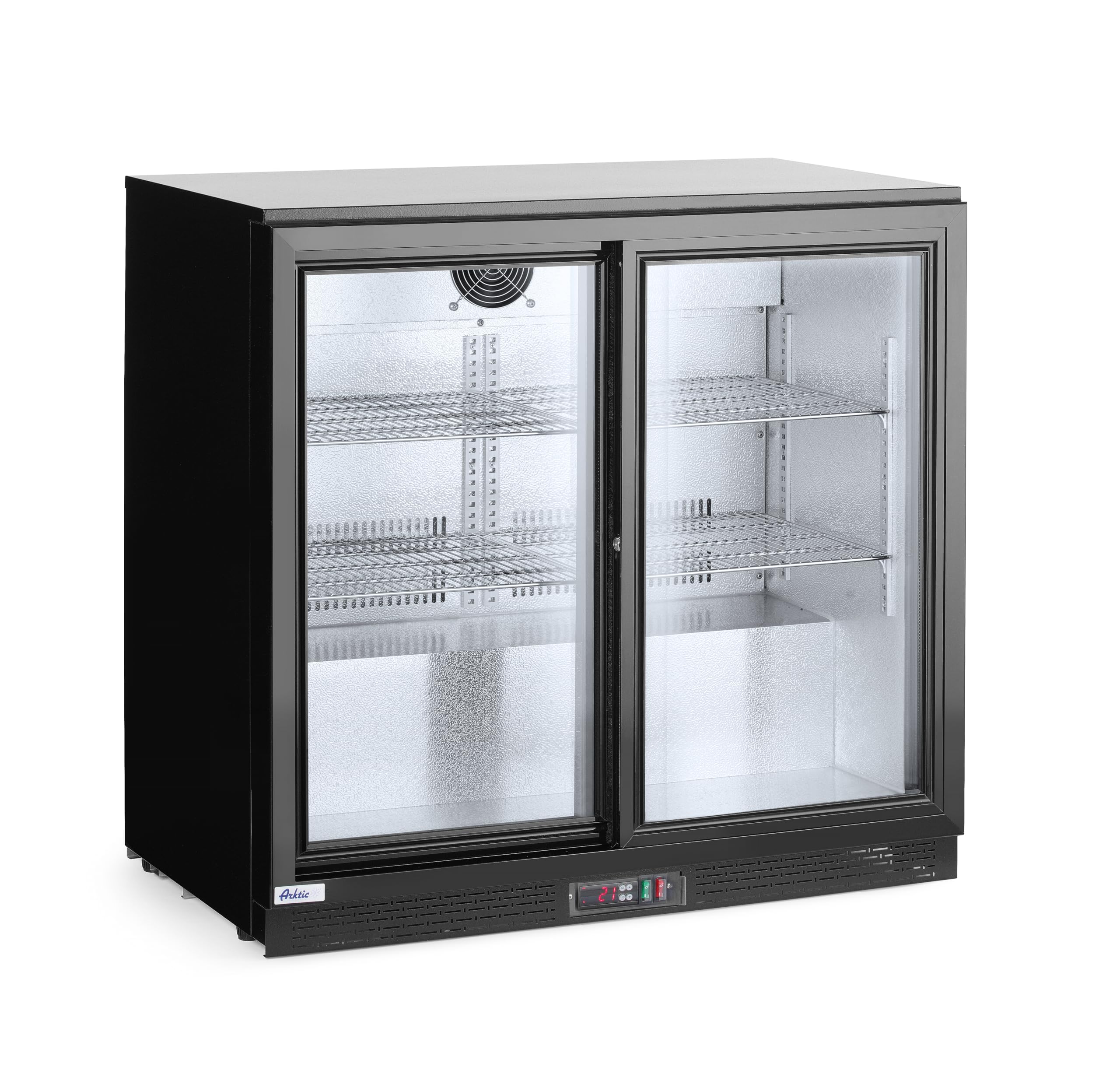 HENDI Refrigerador bajo mostrador para bebidas Arktic, puertas correderas dobles, 158L, 0–10°C, 220V, 160W, 900x520x(H) 865mm, acero con recubrimiento en polvo negro