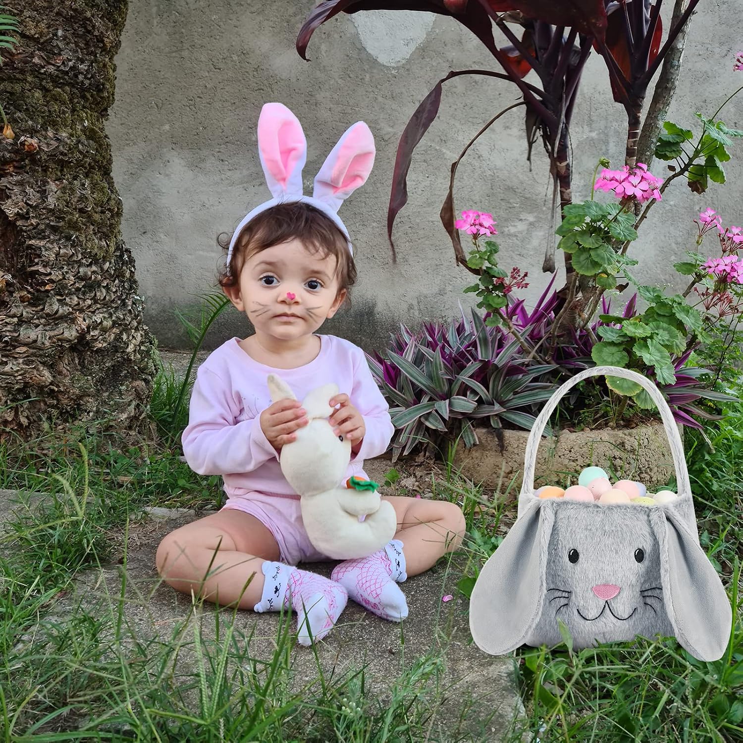 THOVSMOON Easter Bunny Basket,Cute Easter Bucket Bags with Rabbit Ears for Easter Eggs Hunting,Easter Decorations,Candy Gifts Storage (Grey/White)