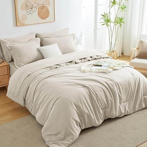 Beige Queen Comforter Set, 7 Pieces Bed in a Bag Queen Lightweight Bedding Set, All Season Soft 7PC Bed Set with Comforter, Flat Sheet, Fitted Sheet, Pillowcases & Pillow Shams
