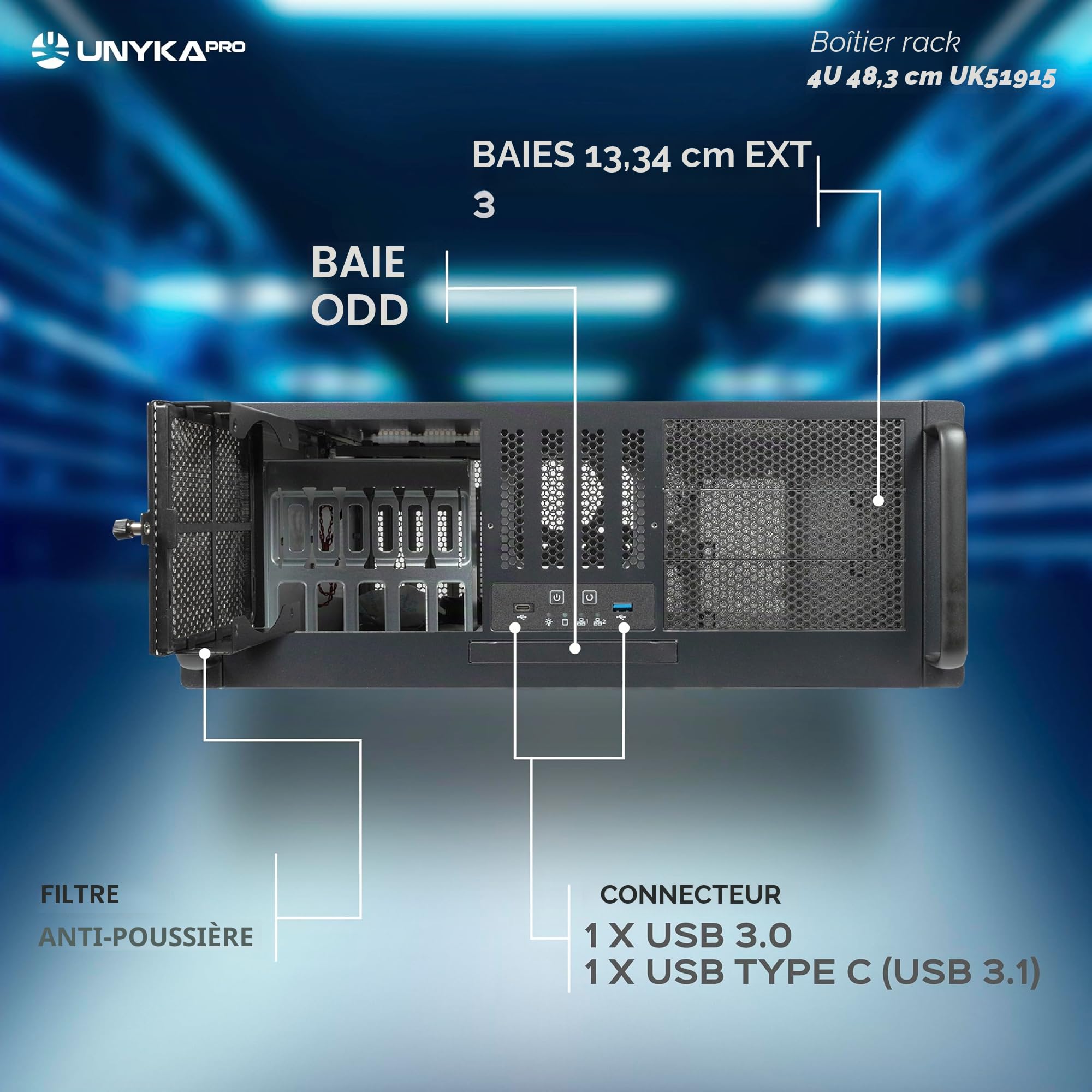 UNYKAch Boîtier Rack 4U 19″ UK 4329 USB Type C