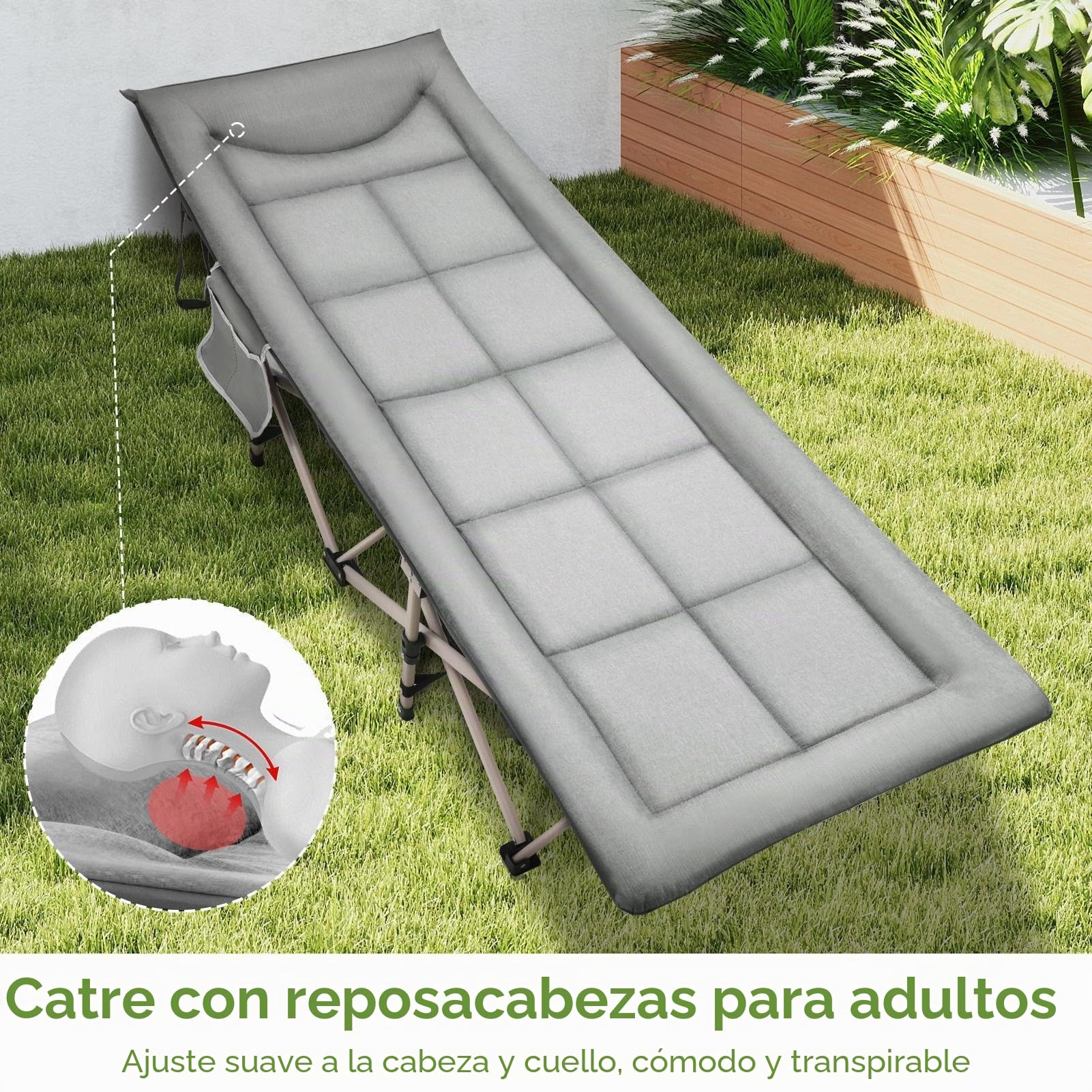 Cama plegable de camping, capacidad de carga cama plegable cama de invitados, cama plegable/tumbona de camping con colchón, bolsillos laterales, respaldo ajustable, 190 x 68 x 40 cm – hasta