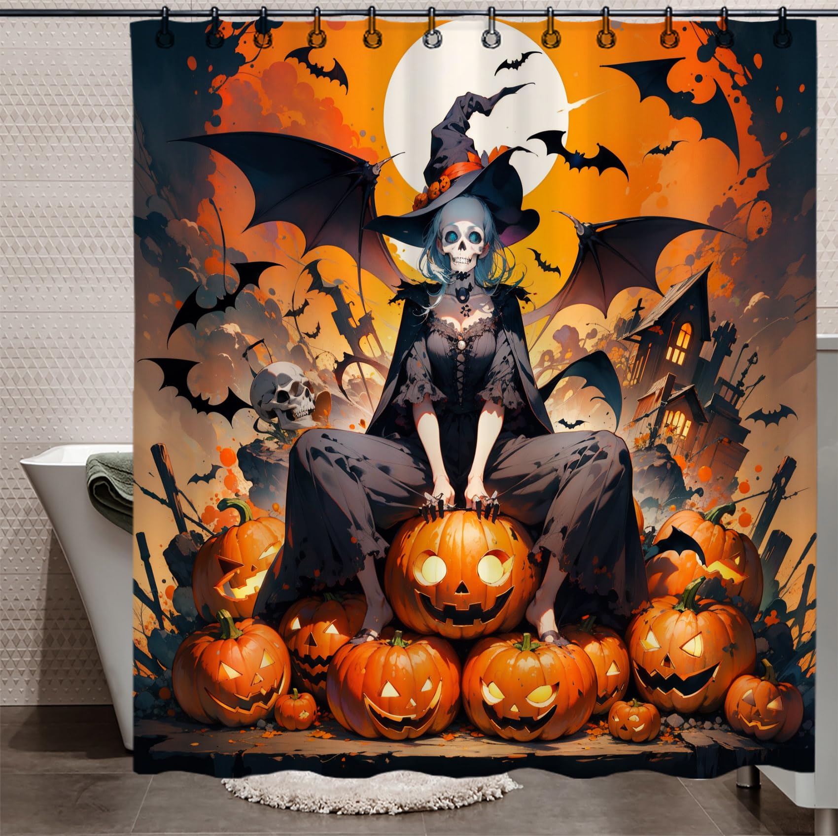Amazon｜ハロウィンシャワーカーテンセット 72x72インチ フック付き