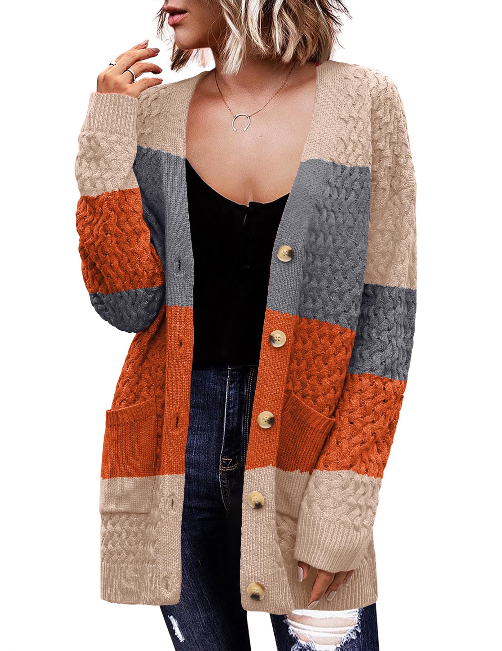 Zeagoo Womens 2026 Long Sleeve Chunky Cable Knit Fall Cardigans Sweaters Button Down Open Front Outerwear with Pockets