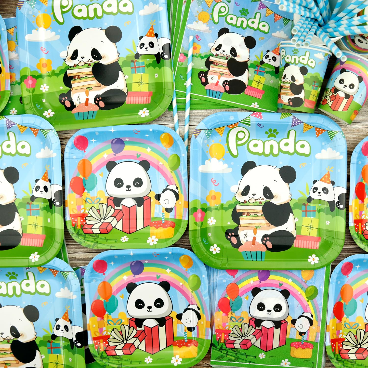 Decorazioni per feste a forma di panda, accessori per feste a forma di panda, tra cui striscione, piatto, topper per torte, bicchieri, tovaglioli, palloncini, tovaglia, per 20 persone (BJ)