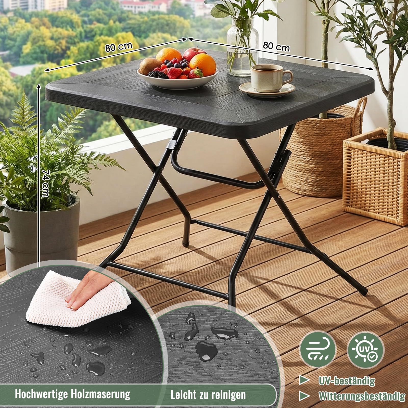 Clevich Gartentisch Holz-Optik, quadratisch, Gartentisch klappbar, HBT: 74x80x80cm, Balkontisch mit Stahlrahmen Beine, Hochstabiler Campingtisch, Wetterfest, Pflegeleicht, für Balkon, Garten &Terrasse