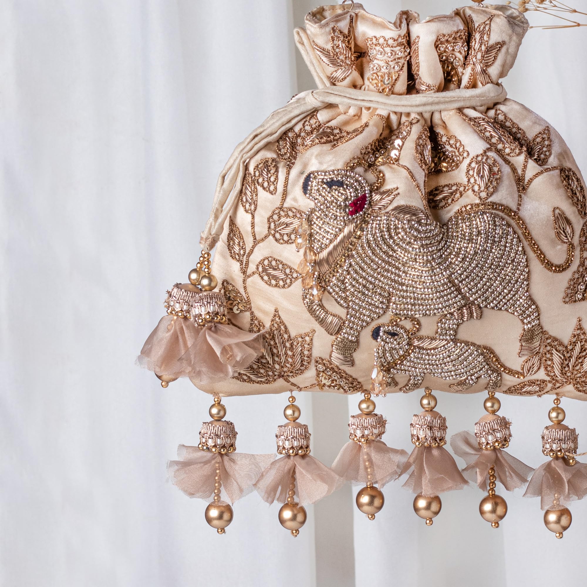 Amayra Luxe Exquisite Marodi Embroidery with Golden Pearls Pichwai Potli Bag for Ladies & Girls | Women Shagun Pouches for Festive Seasons | Batwa Bag Bridal Purse With Embroidery. (Golden) 2