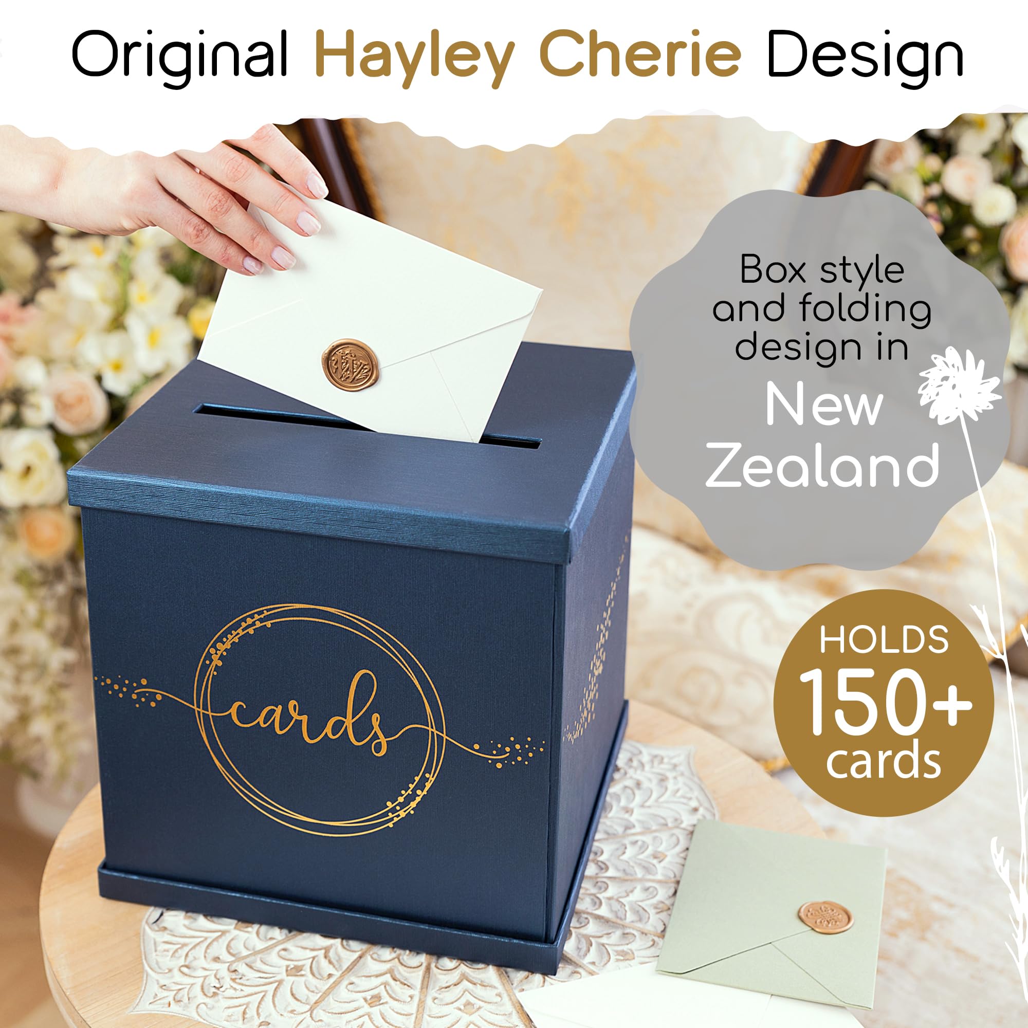 Blue & Gold Card Box, Large 10x10 Gift Card Holder, Navy Envelope Box with Slot, Graduation Party, Wedding Reception, Money, Bridal & Baby Shower, Sweet 16, Funeral, Birthday, Quinceanera, Anniversary