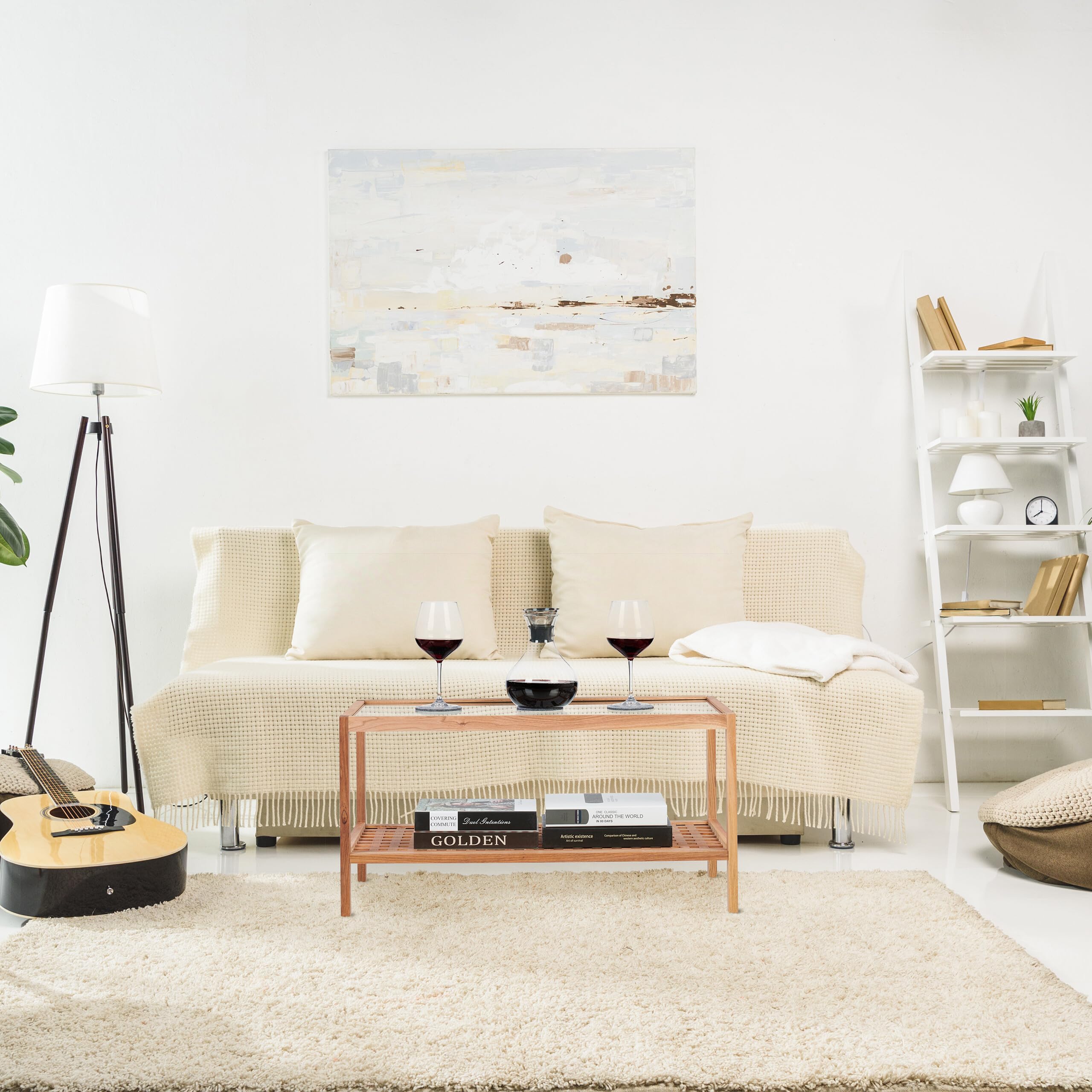Relaxdays Tavolino da Salotto in Legno, 40 x 80 x 40 cm, Ripiano in Vetro, 2 Mensole, Tavolo Basso da Divano, Naturale