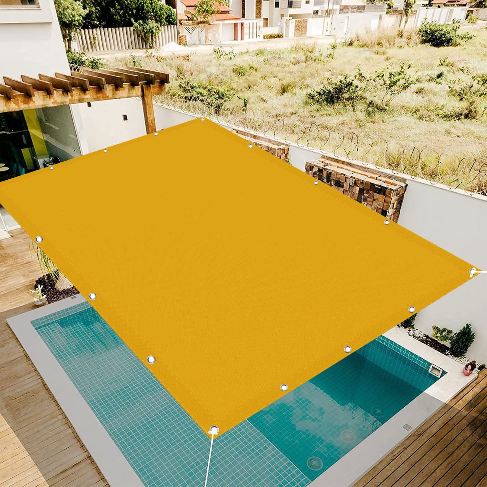 Voile d'ombrage rectangulaire étanche 1x3.8m jaune avec oeillets pour pergola