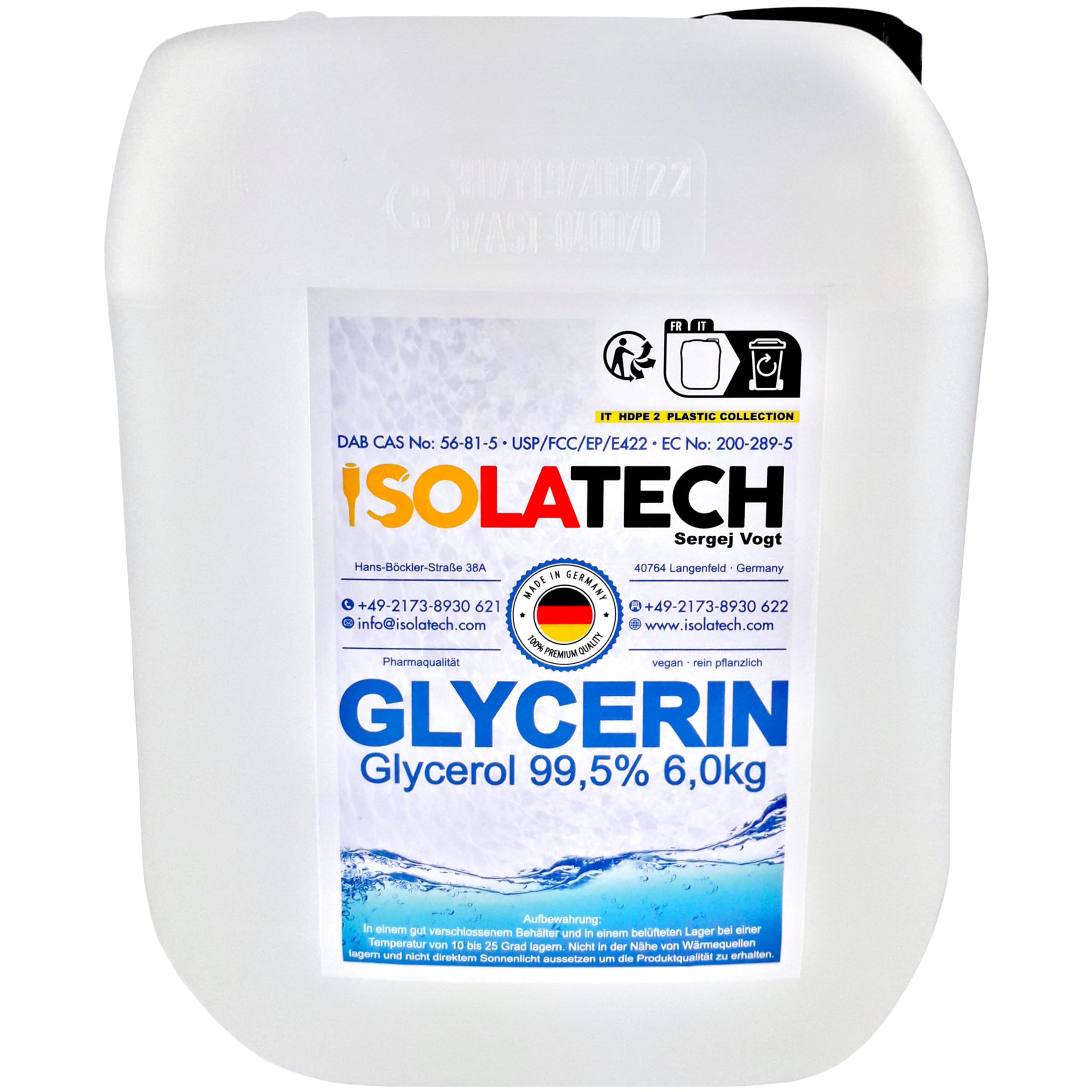 Glycérine E422 Qualité Pharmaceutique 20L - 99.5% Pure, Alimentaire, Vegan, Pour DIY Et Soins