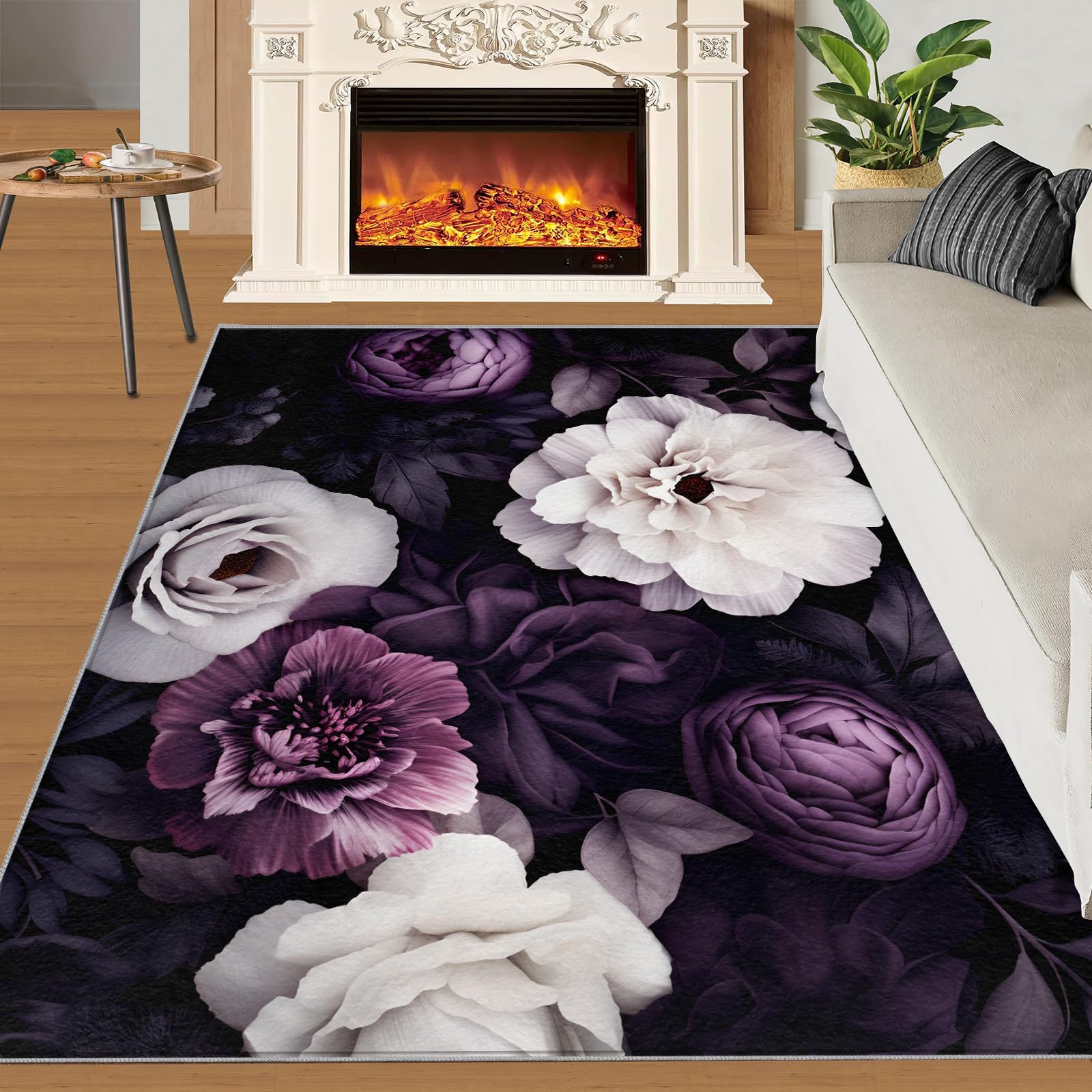 SANSJI Peony Floral Rugs for Girls Bedroom 170x240 cm, Non-Slip Washable Dark Purple Flower Design Area Rug for Women, Soft Low-Pile Elegant Botanical Carpet, Romance Women Style