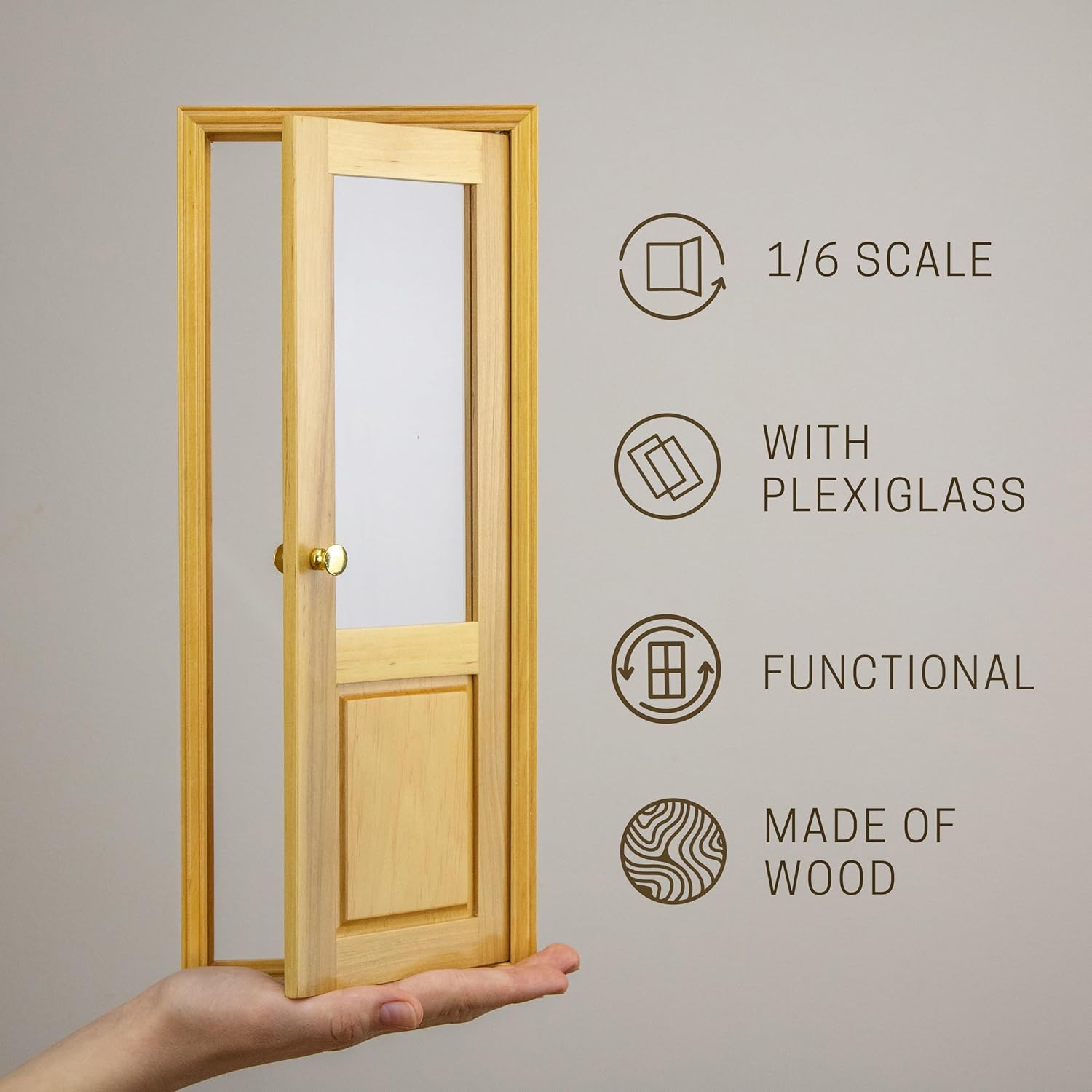 1/6 Scale Wooden Dollhouse 2 Panel Door with Glass – 2-Panel Design with Handles – Classic Design with Glass – Easy Installation– Multiple Colors Available (Clear Varnished)