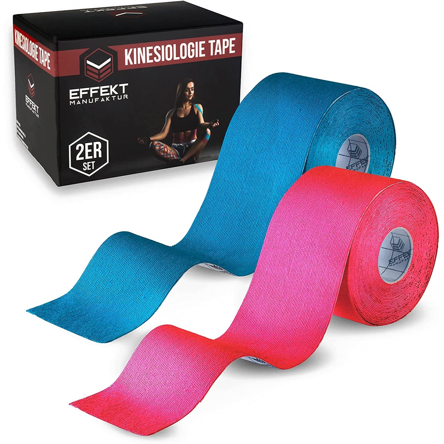 Effekt Manufaktur Kinesiology Tape Waterproof (16 ft x 2 in), 2 Rolls - Elastic Physio Tape for Muscle Support and Injury Recovery, Medical Tape, Kinetic Tape, Durable Kinesthetic Tape (Blue + Black)
