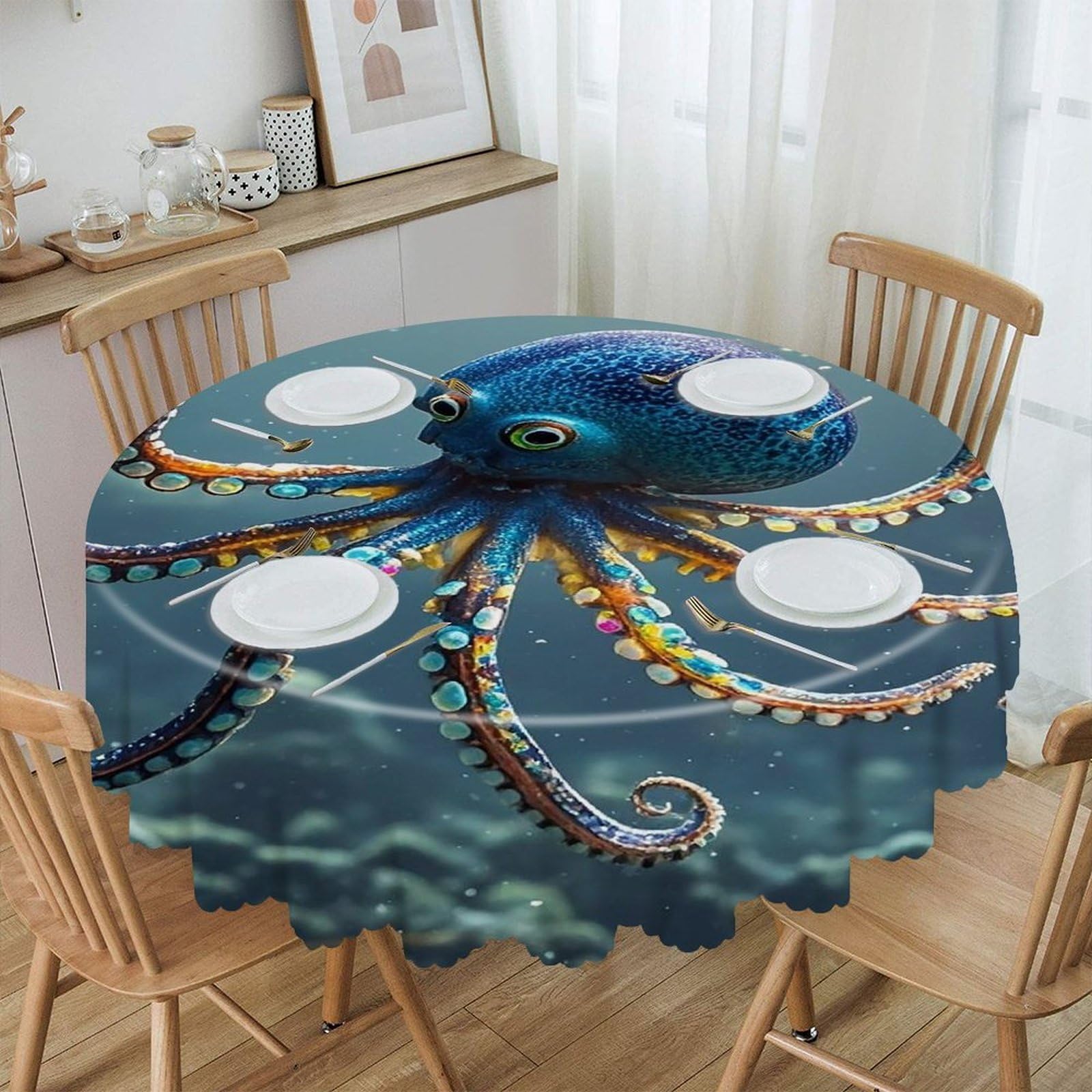 FekiLoot Octopus Round Tablecloth 60 Inch Waterproof Heavy Duty Table Cloth Spillproof Washable Table Cover Wrinkle Resistant Tablecloths Decorative Table Cloths