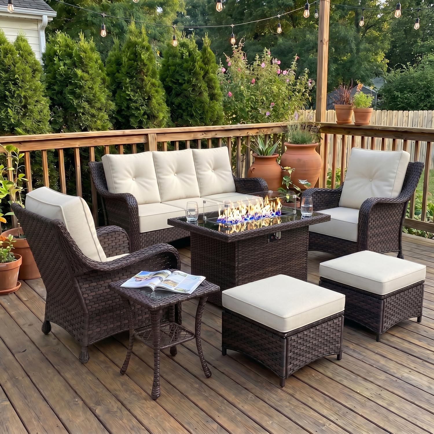 LayinSun 7 Piece Wicker Outdoor Furniture Set with 6-inch Comfy Cushions