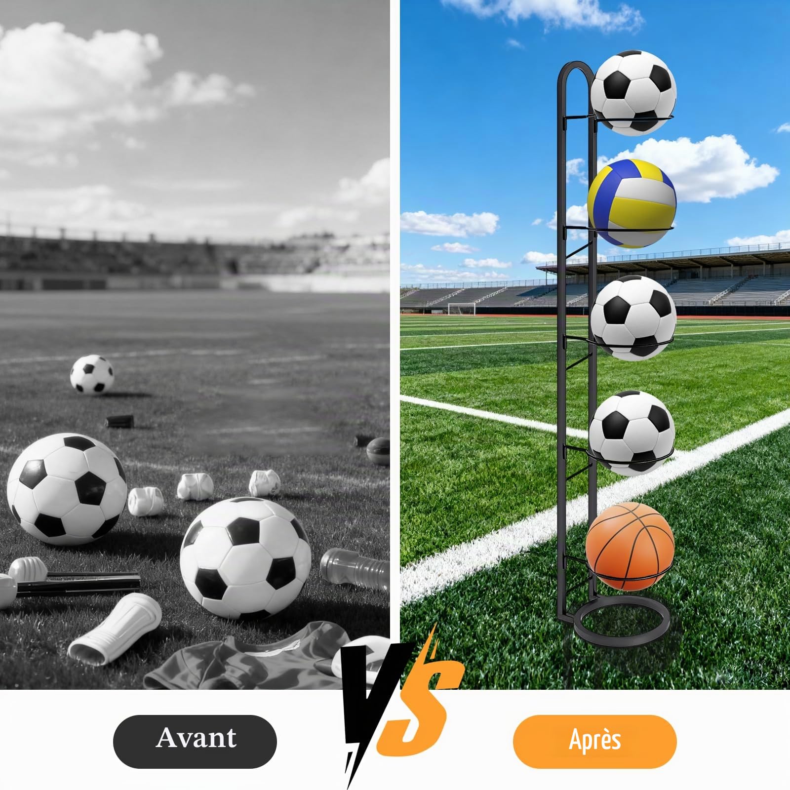 LURICO Support Ballon Foot à 5 Niveaux, Casier de Rangement de Balles, Amovible et Peu Encombrant, étagère de Rangement Robuste Pour Basketball, Football et Volley-Ball