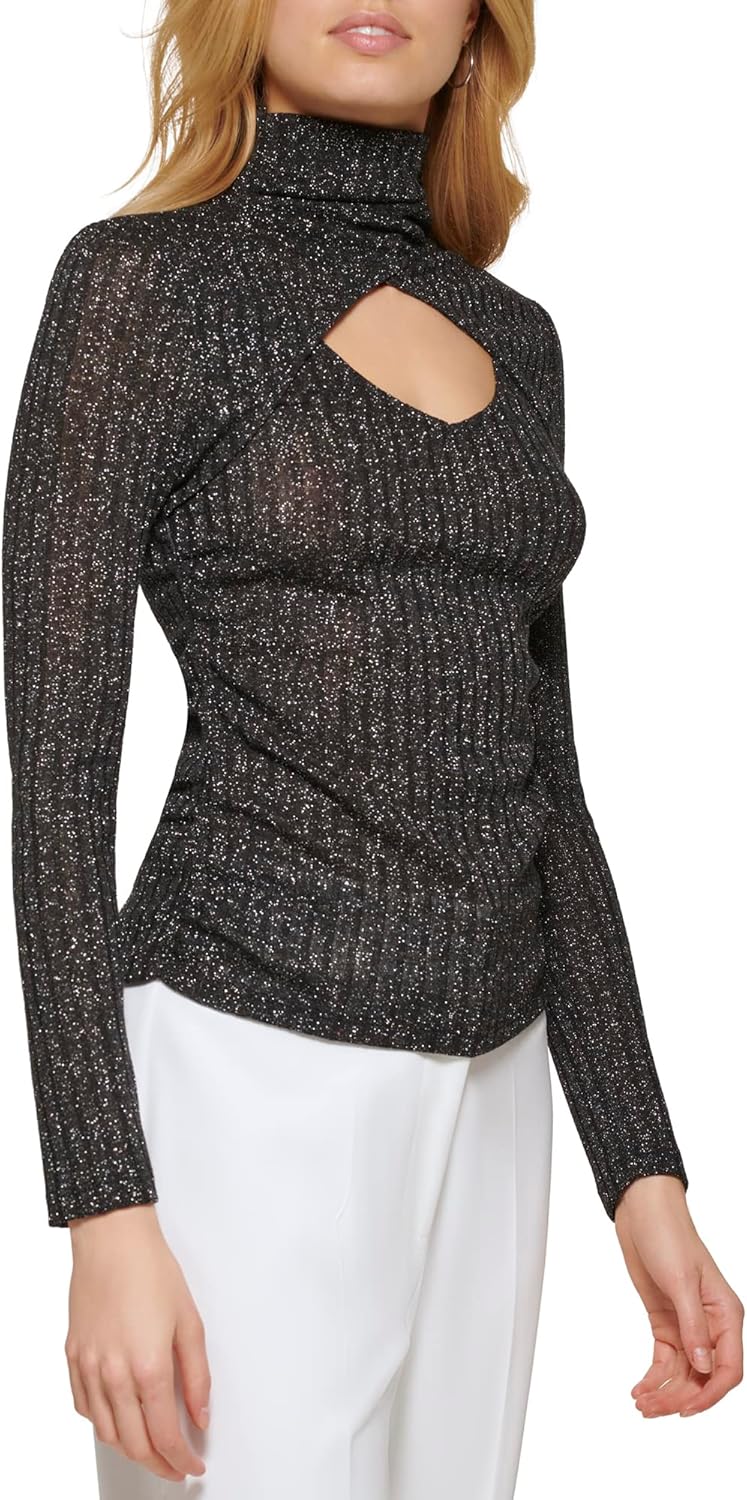 DKNY Womens Cutout Ribbed Metallic Top - Image 2