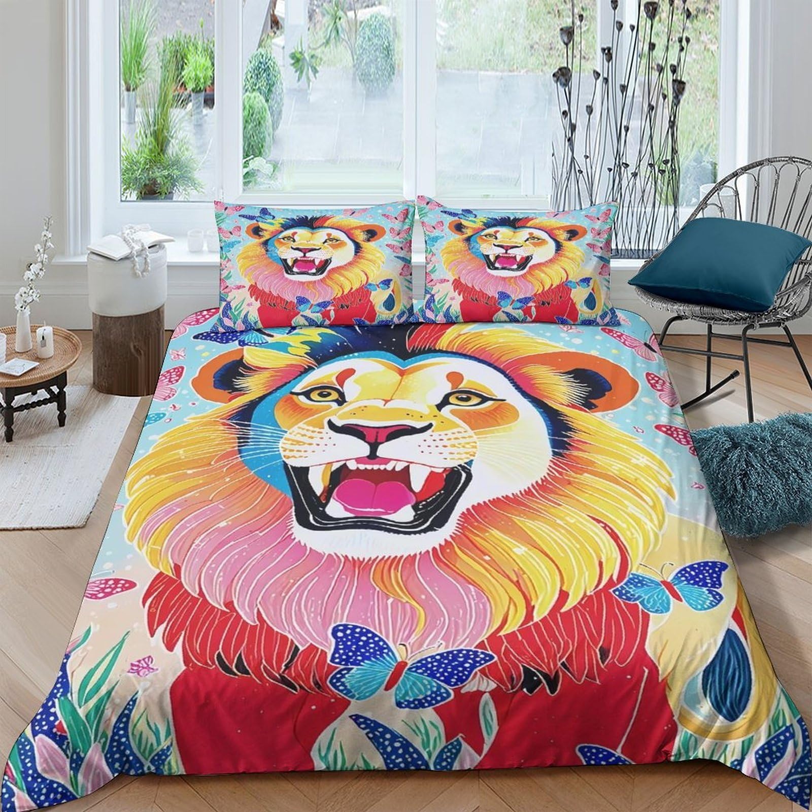 Ctjqhvkz Style-5 3D Printed Colorful Lion Fitted Sheet Microfiber Soft Anti-Slip Jungle Pattern Mattress Cover For Bedroom Dorm Decor Single（135X200cm）