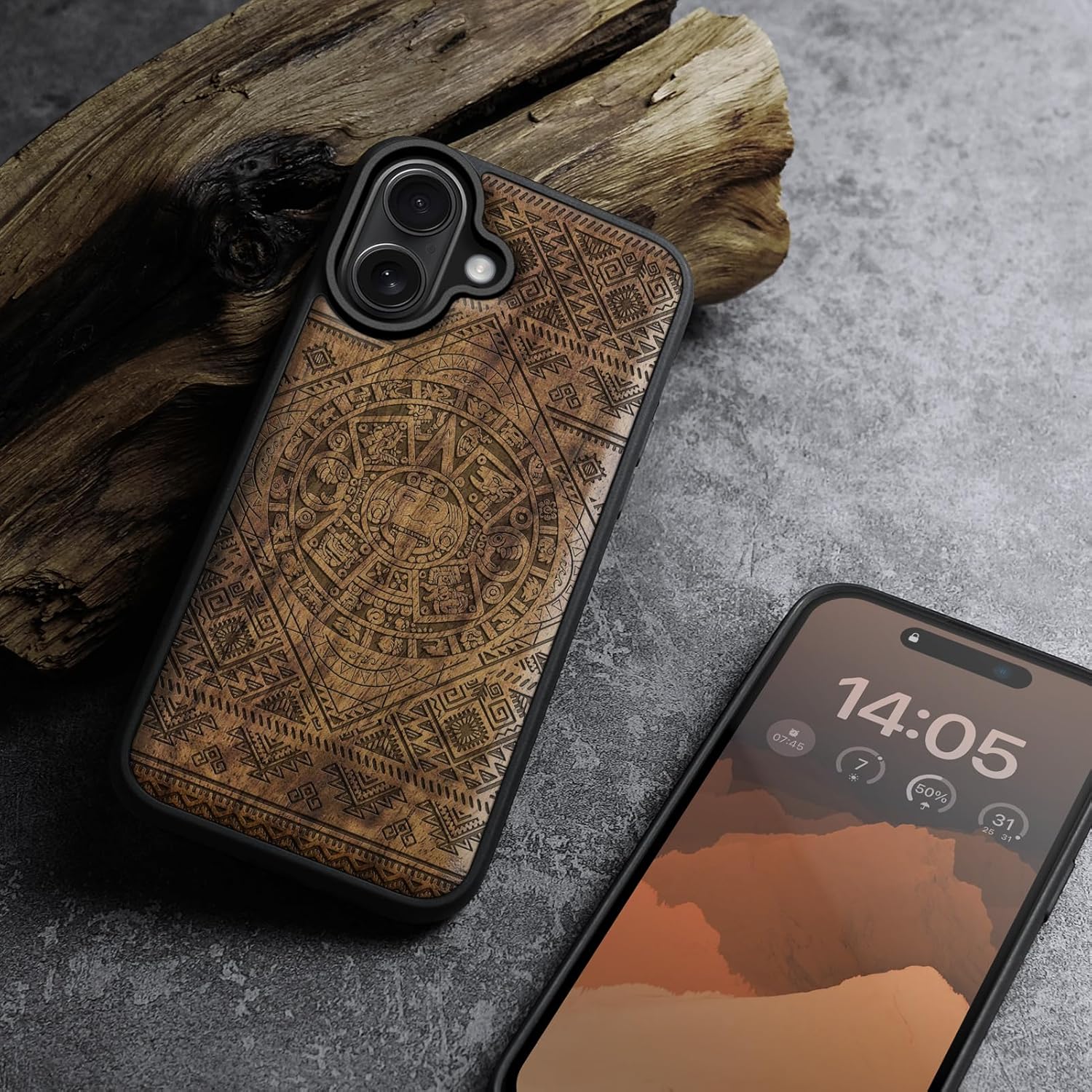 Carveit Magnetic Wooden Case for iPhone 16 Case, Wood Artisan Engraved & Black Soft TPU Shockproof Cover, Compatible with MagSafe Wireless Chargers (Aztec Calendar) Walnut