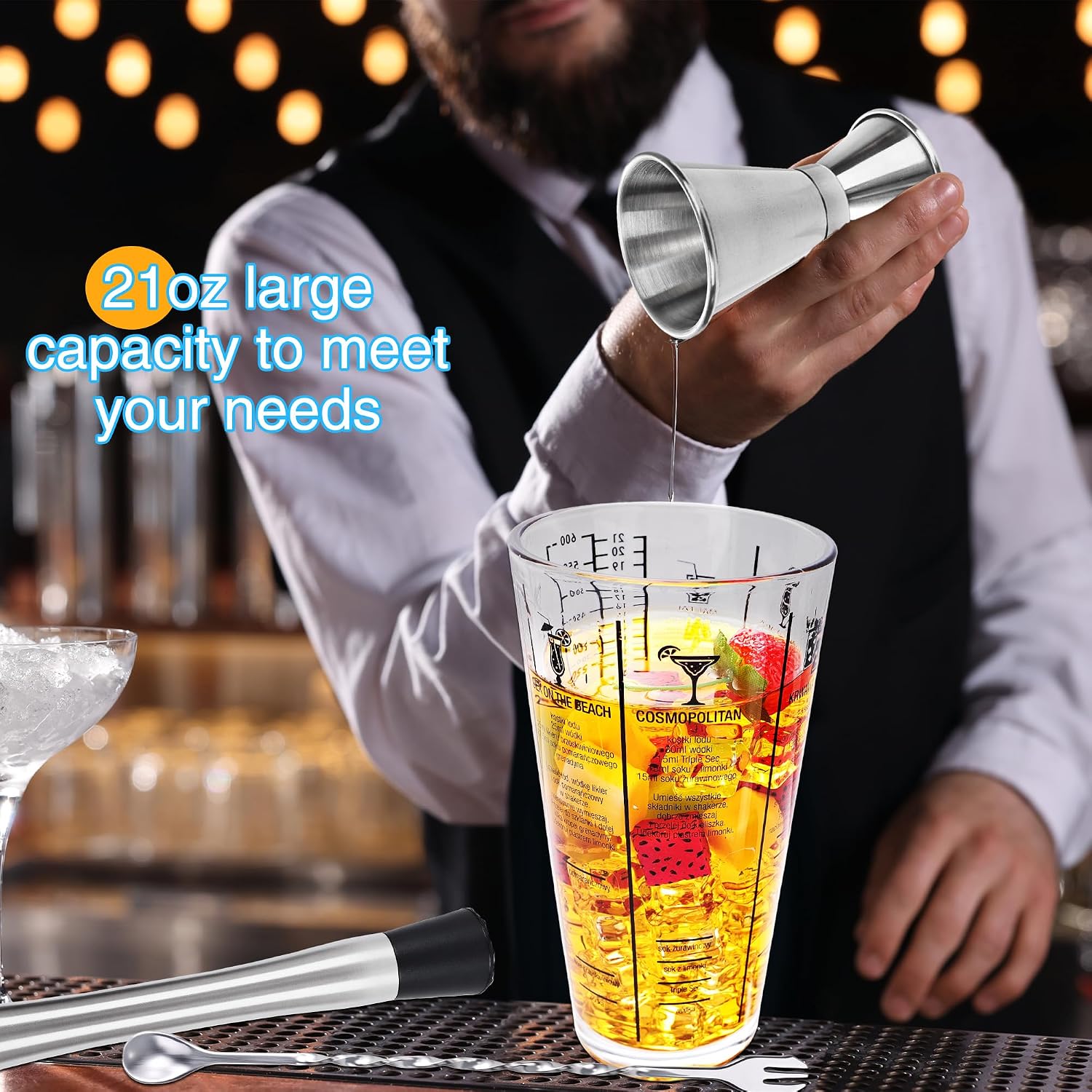 8 Pcs Cocktail Shaker Kit 21 oz Glass Bar Shaker Set with Stainless Steel Strainer Jigger Mixing Spoon Muddler Pourers Cleaning Brush Bartender Tool for Beginner Bar Home