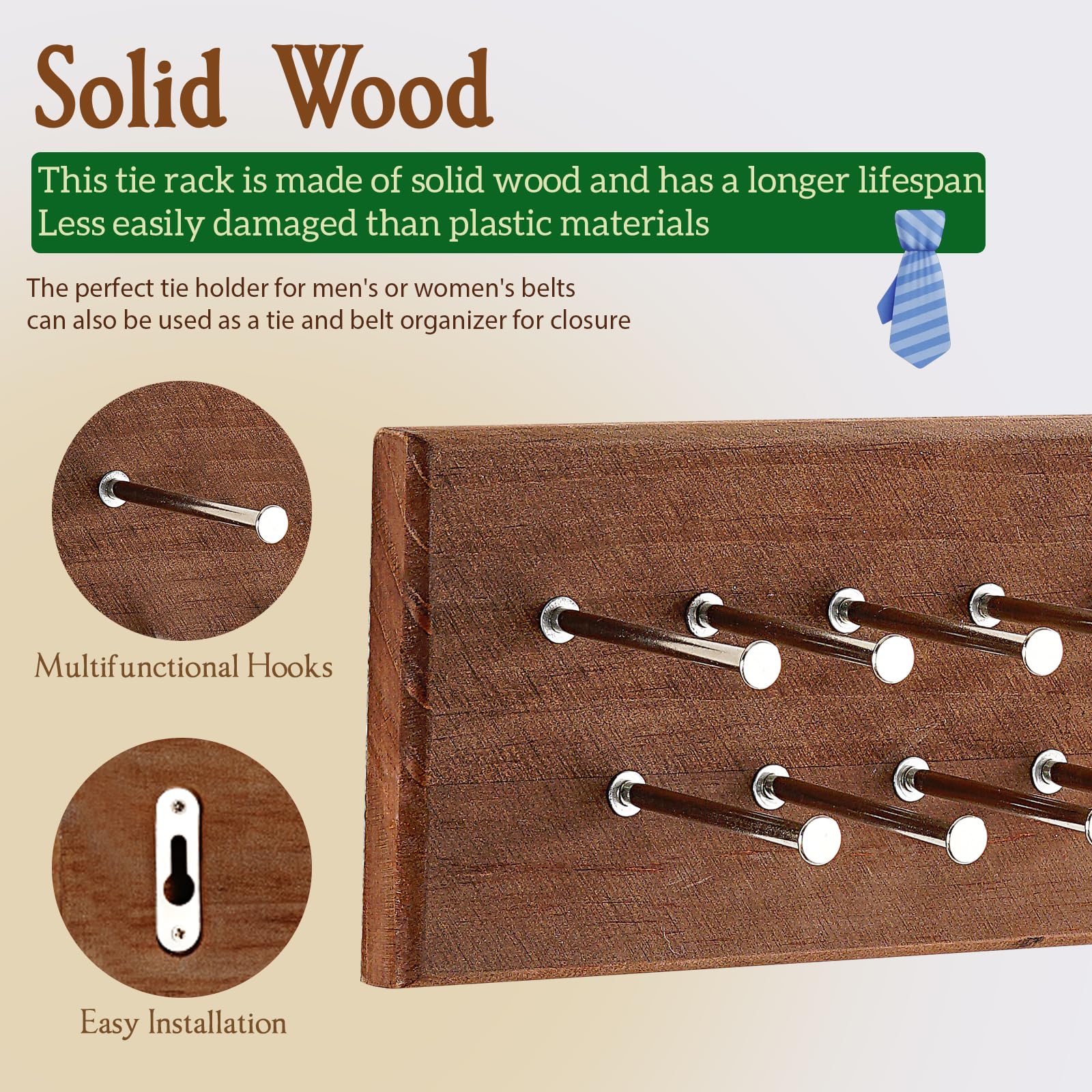 TreeHouse London Tie Rack Organizer – Holds 40 Large Ties – Solid Wood & Sturdy Metal Storage Holder for Closet – Wall Mounted Tie Display Hanger for Wall, Bedroom - (Walnut Tie Rack)