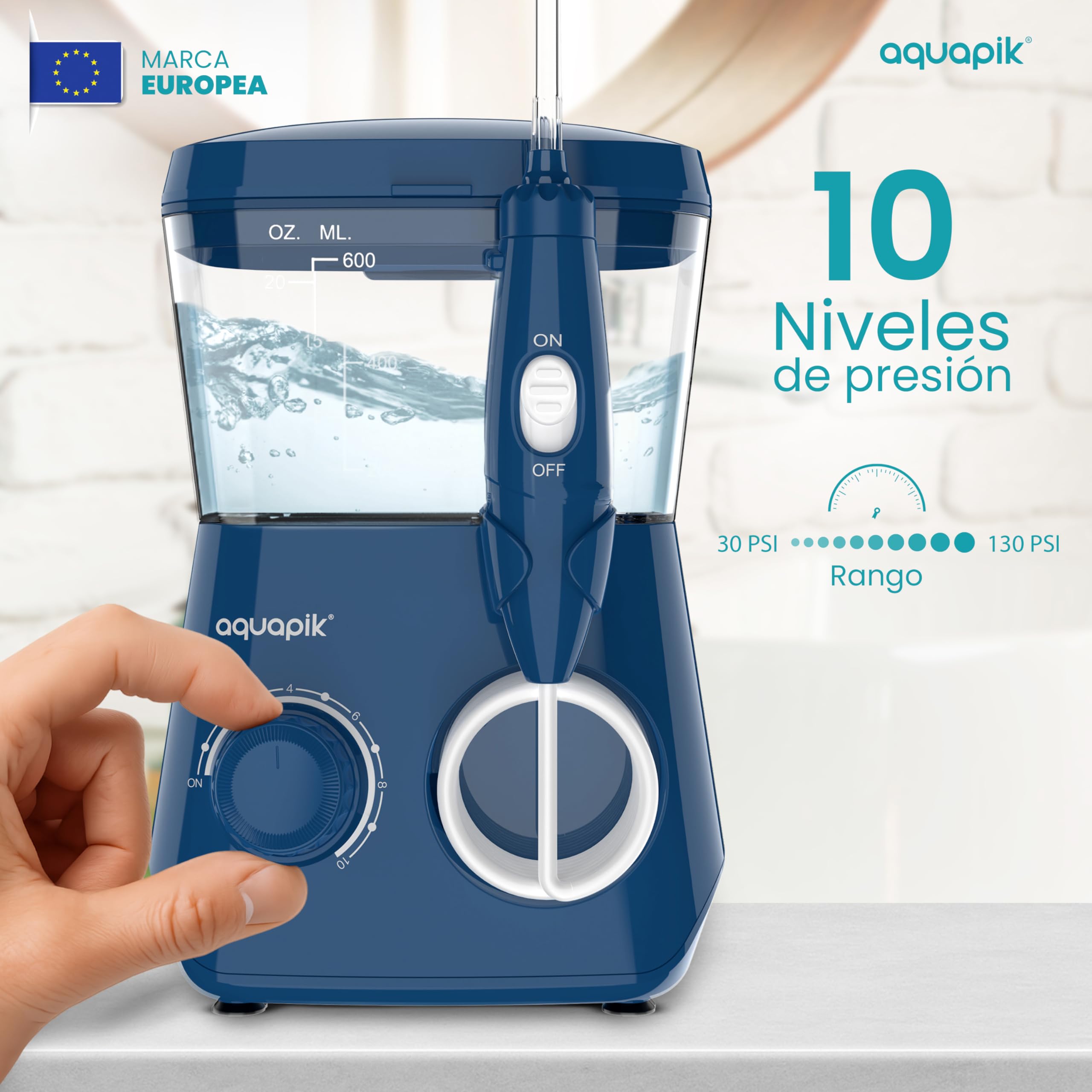 Aquapik ADVANCED Hydropulsator do zębów | Idealny do ortodoncji, implantów, wrażliwych dziąseł i płytki nazębnej | Zestaw wybielający + 8 dysz (nosa) | 10 poziomów ciśnienia | Zalecany przez dentystów