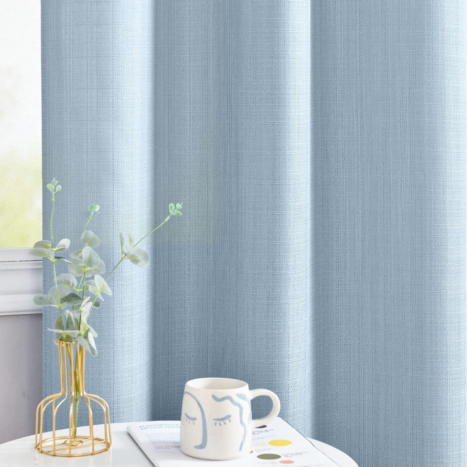 jinchan Blue Curtains for Living Room Bedroom Linen Textured Curtains 84 Inches Long Farmhouse Casual Weave Back Tab Drapes Light Filtering Window Draps 2 Panels Heathered Blue