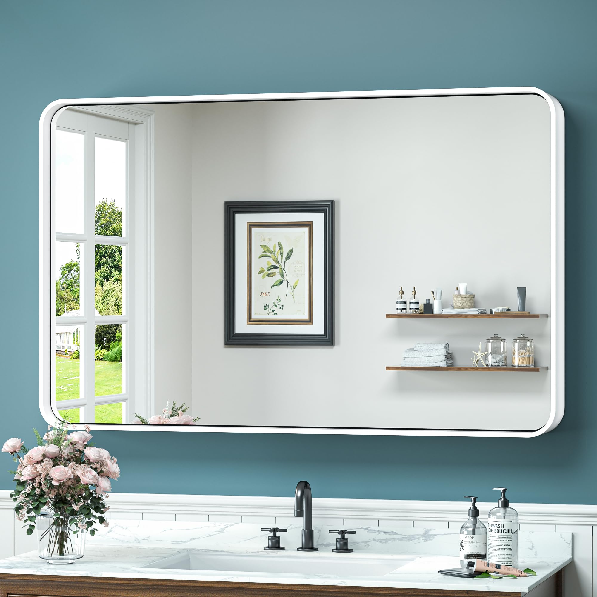 TokeShimi 40 x 24 Inch Wall Mirror for Bathroom White Metal Frame Decorative Rectangular Wall Mounted Home Decor Corner Hangs Farmhouse Mirror (Horizontal/Vertical)