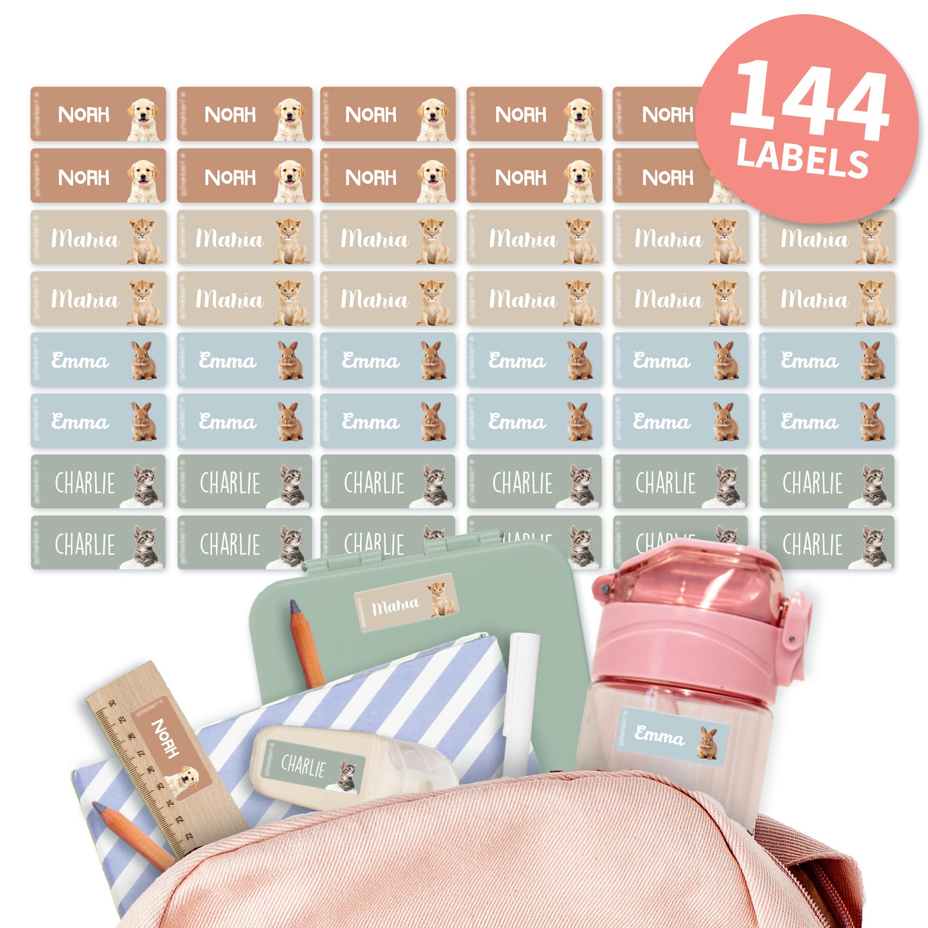 Easy2Name Name Stickers for Children – Personalisable Name Labels with Name & Real World Motifs – Waterproof and Durable – Ideal for School & Nursery – Wildlife (Animals, 144)