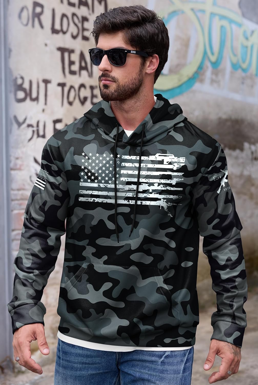Mainfini Men's American Flag Camo Hoodie Fleece-Lined Patriotic Military Sweatshirt with Kangaroo Pocket (S-3XL) - Image 2