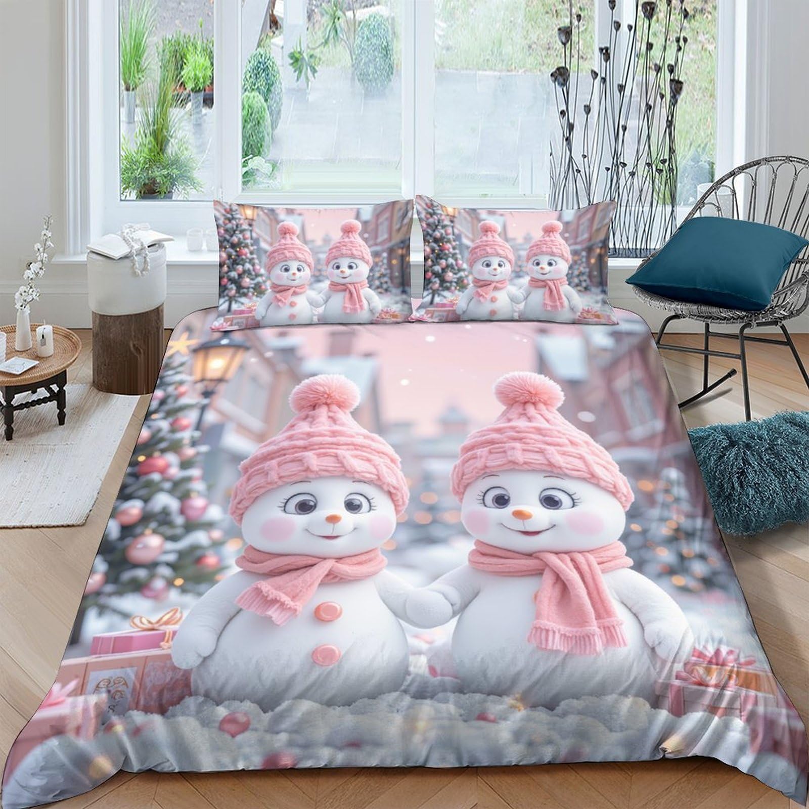 Ctjqhvkz Style-6 3D Printed Snowman Pink Scarf Fitted Sheet Microfiber Soft Breathable Winter Wonderland Bed Cover For Bedroom Dorm Decor Single（135X200cm）