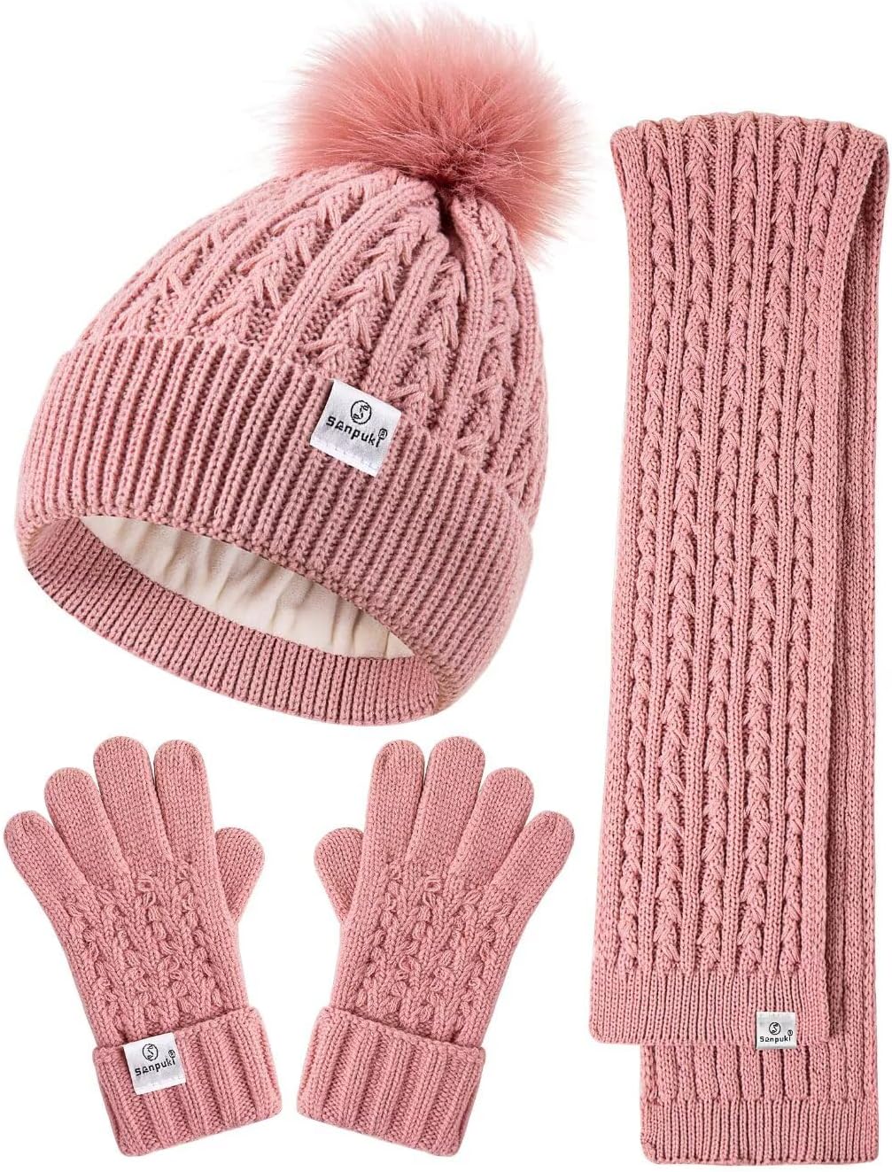 Kids Winter Hat Gloves Scarf Set,Girls Toddler Winter Hat Beanies with Pom Neck Warmer Gaiter Mittens Fleece Lined Set Christmas Gift for Kids（Pink）