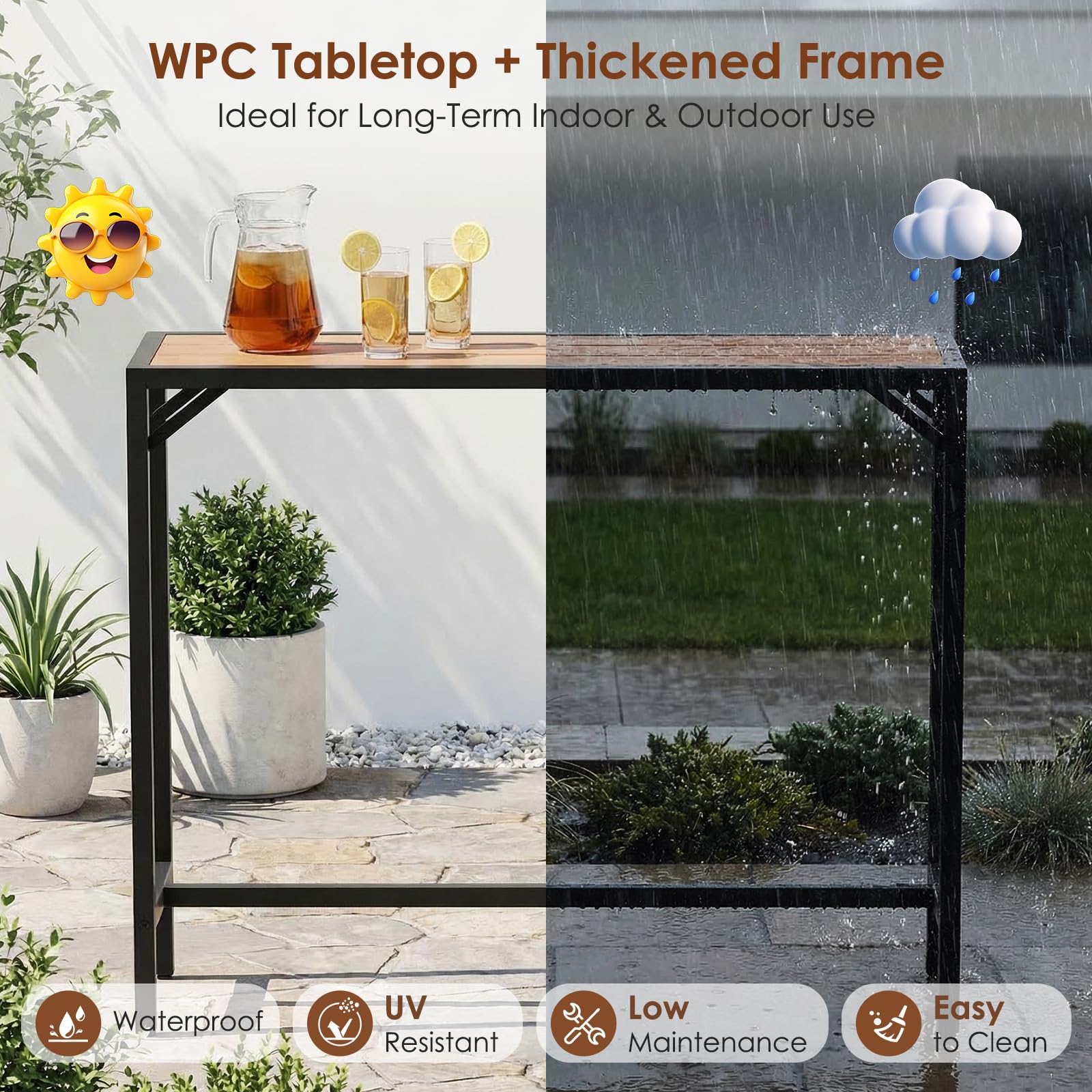 Table Haute de Jardin Clevich 120x38x98 cm Mange Debout Exterieur Plateau Étanche Pieds Réglables Hauteur Bois