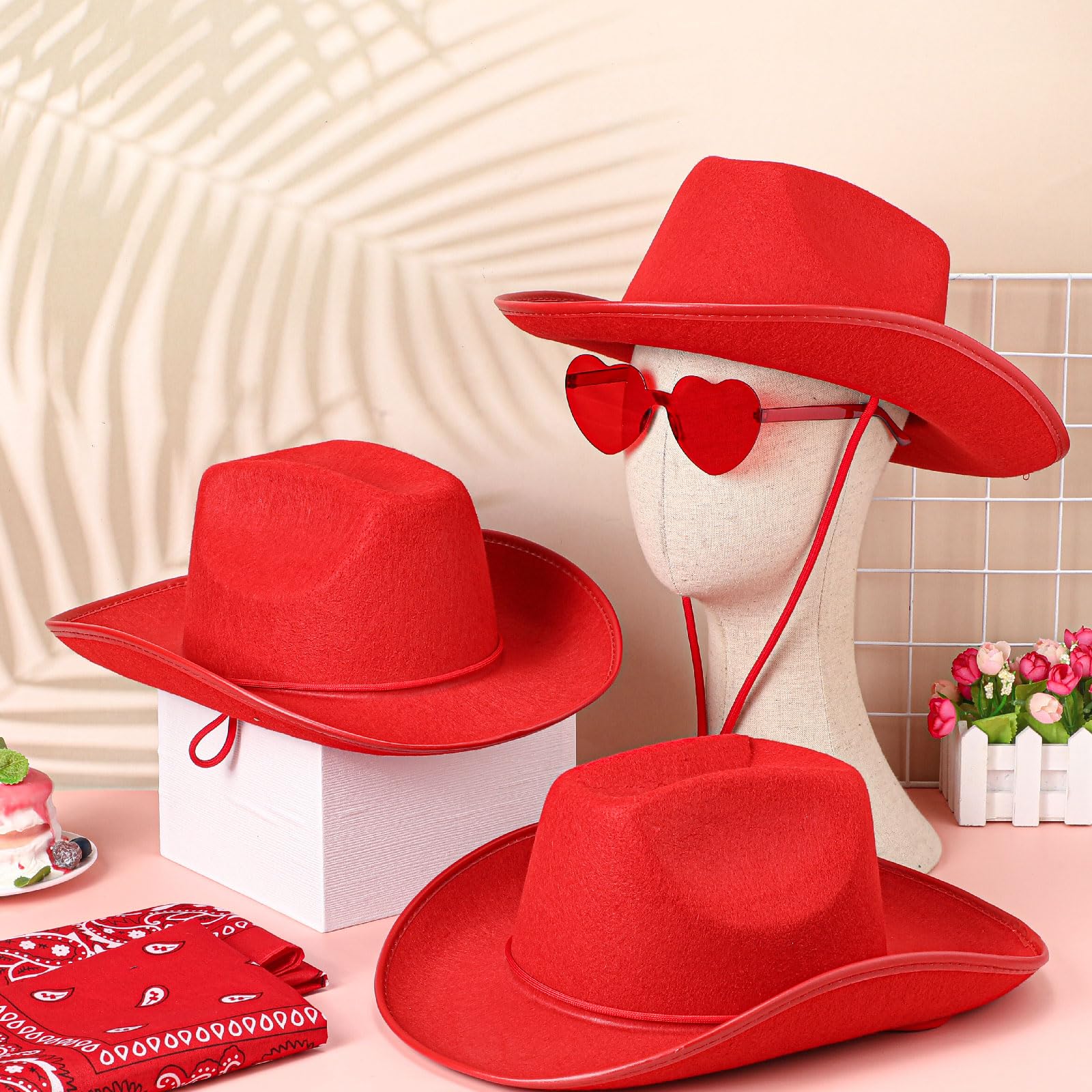 6 Sets Cowboy Hat Heart Shape Sunglasses and Cowboy Bandanas, Cow Girl Hat Rimless Transparent Heart Glasses for Cowgirl(Red,Simple Style)