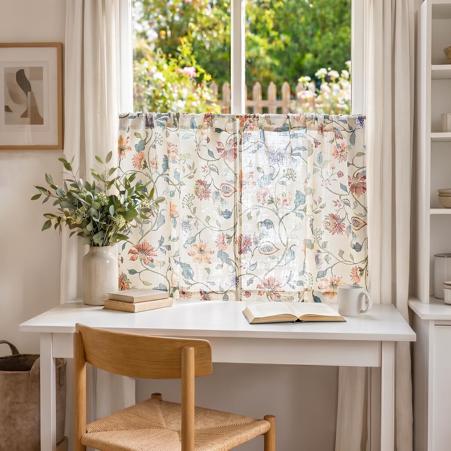 jinchan Hattie Floral Linen Kitchen Tier Curtains Beige 36 in 2 Panels