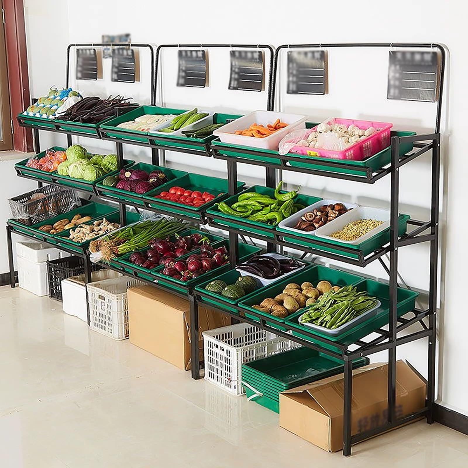 Commercial Supermarket Display Stand Large 3 Layer Commercial Fruit & Vegetable Retail Displays Shelf, Multi-Layer Supermarket Shelf with Baskets, Onions Potatoes Produce Organizer Shelf