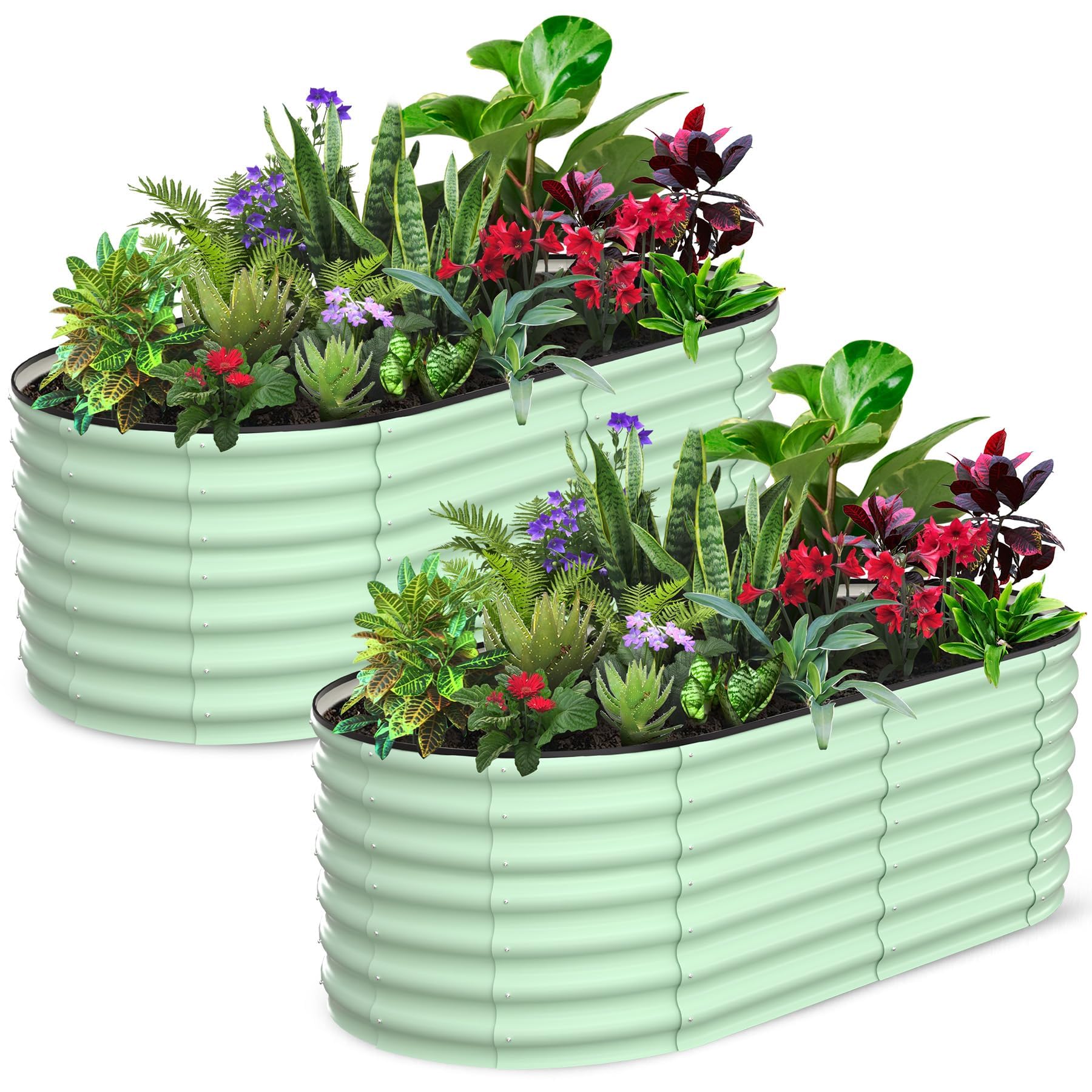 Set of 2 Oval Galvanized Steel Raised Garden Beds for Outdoor Gardening Enthusiasts – Large Planter Boxes Featuring Open Bottom Design for Superior Drainage and Aeration, Protective Safety Edges Ideal
