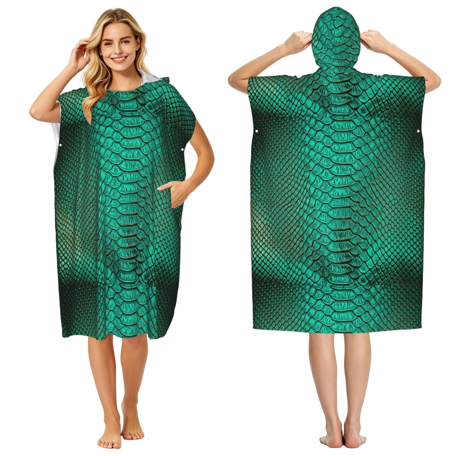 Poadnly Green Snake Skin, Adult Hooded Beach Towel 90 x 110 cm,Changing Bath Robe, Surf Poncho Towel For Women Men