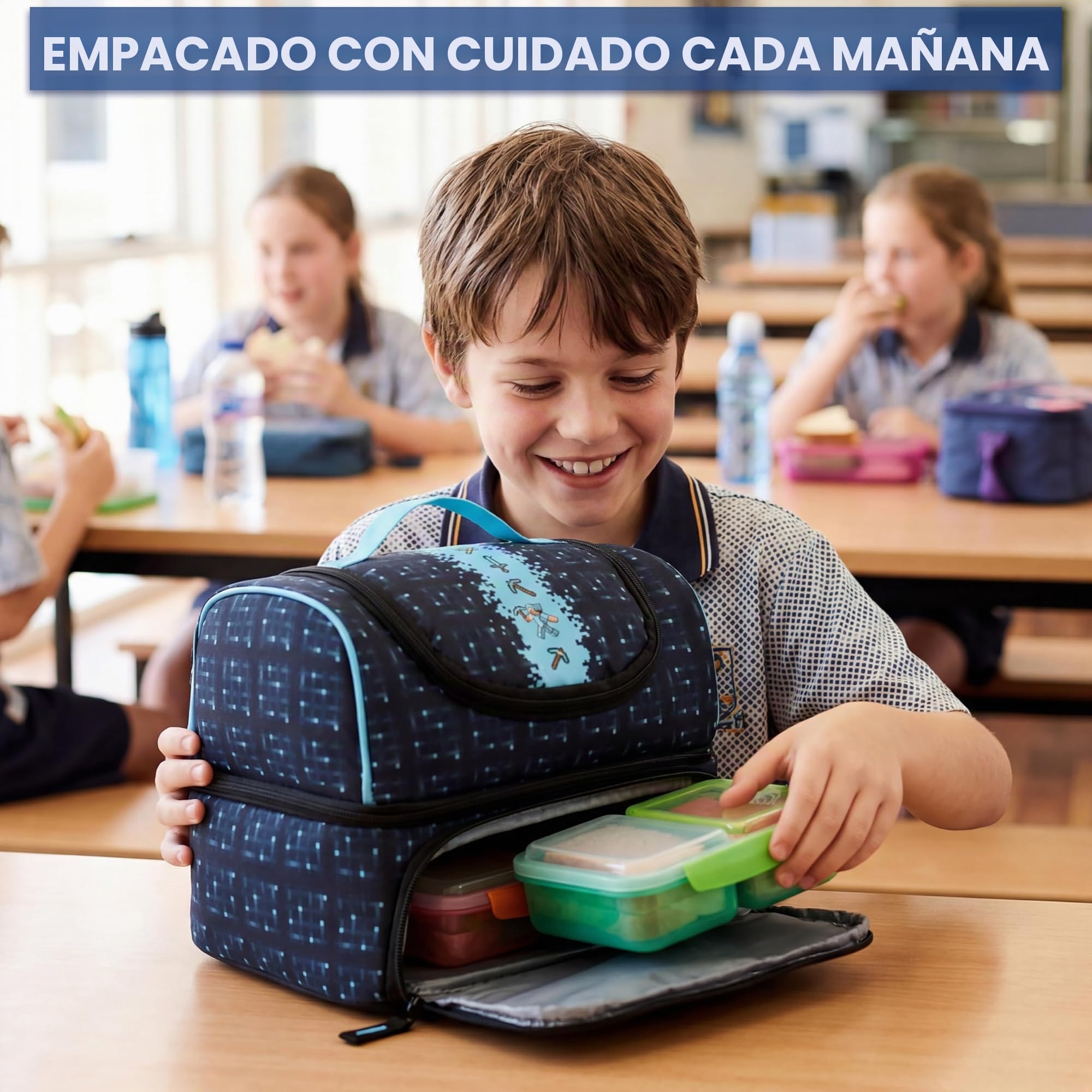 Get Trend Minecraft Bolsa Térmica Infantil, Lunch Bag 2 Compartimentos, Nevera Portátil, Bolsa Comida Escolar, Picnic o Viaje, Creeper Regalo Niños y Regalo Gamer (Multi/Turquesa Minecraft)